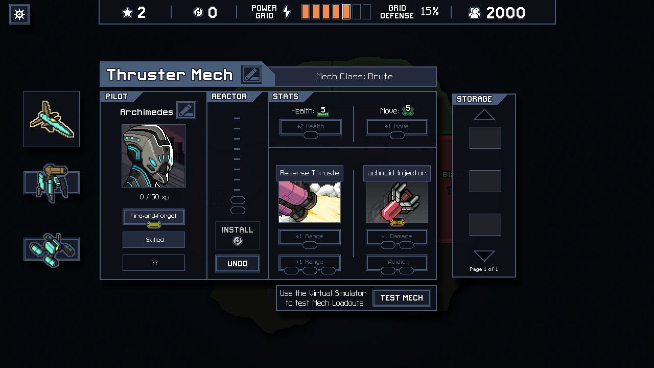 The Thruster Mech loadout screen displays its pilot, health, movement and two weapon slots.