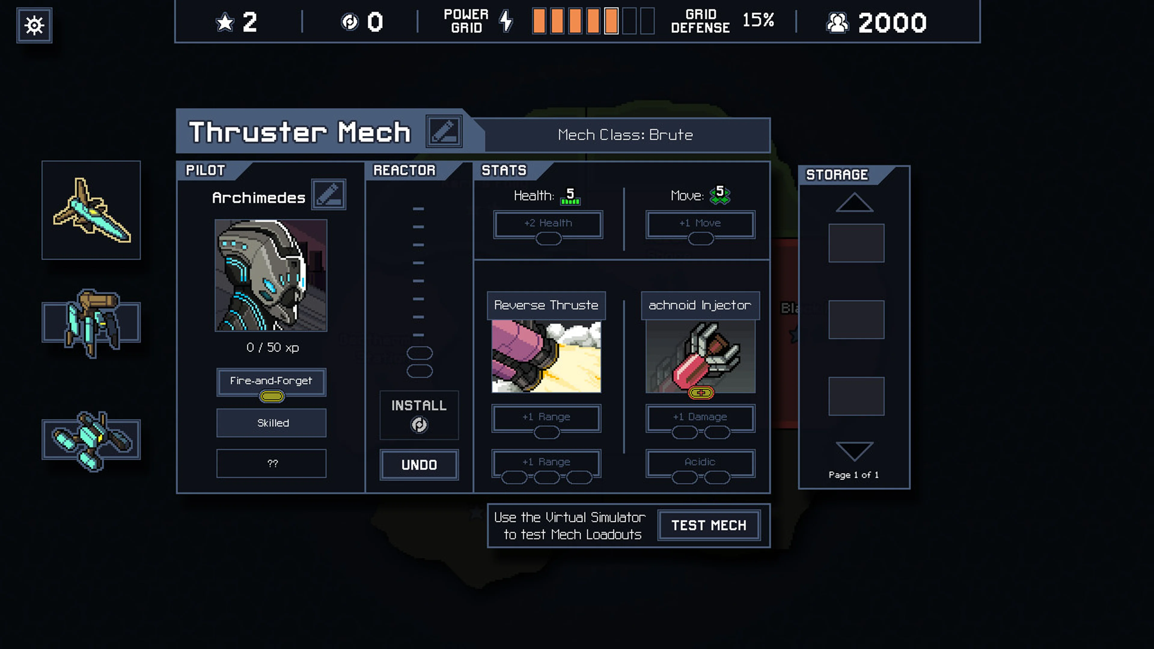 Official Into the Breach Thruster Mech loadout panel with pilot at left, health and move stats in the centre, weapon cards and Test Mech button below.