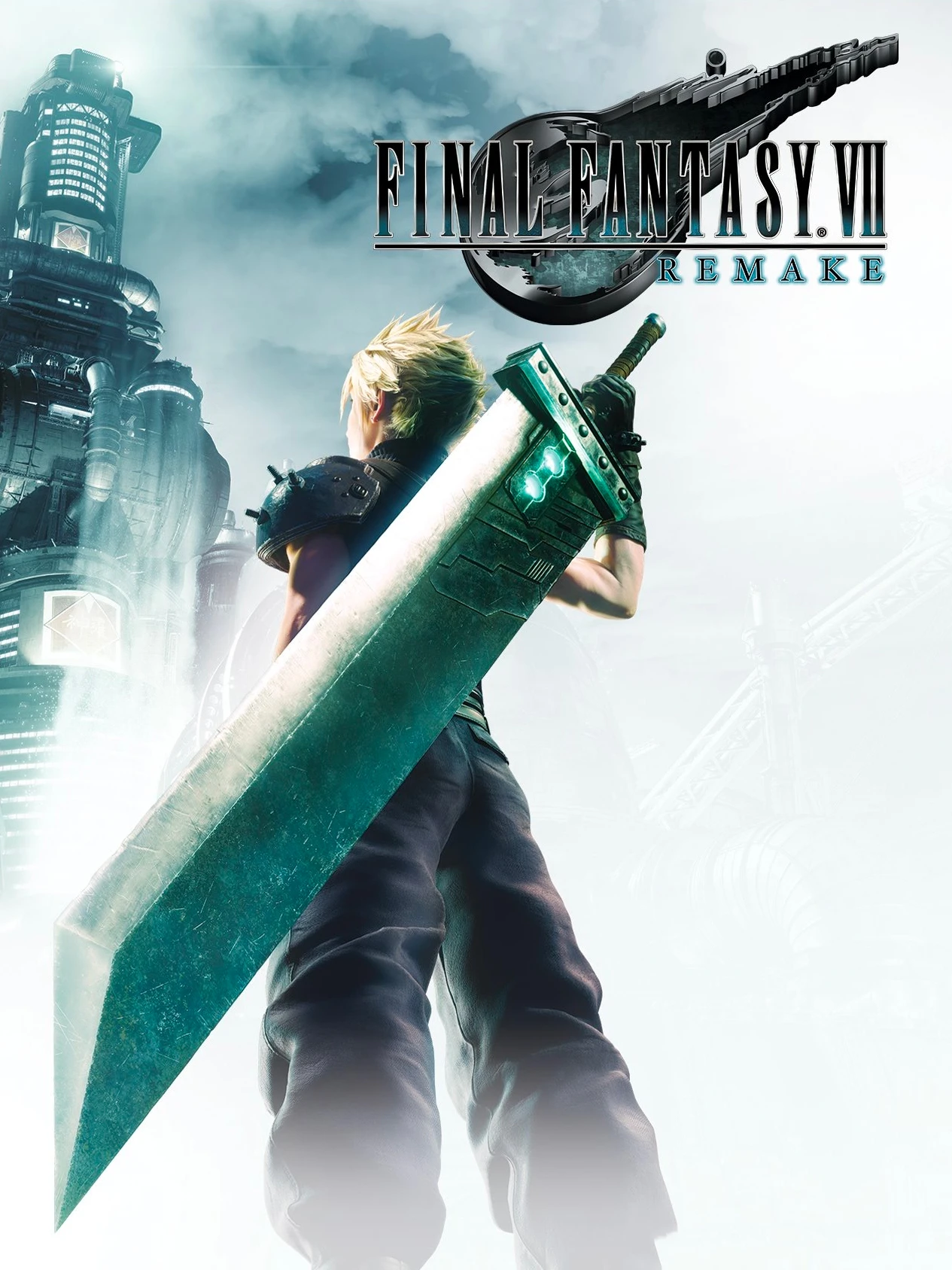 Official Final Fantasy VII Remake cover showing Cloud with his sword facing the Shinra building and the game logo.