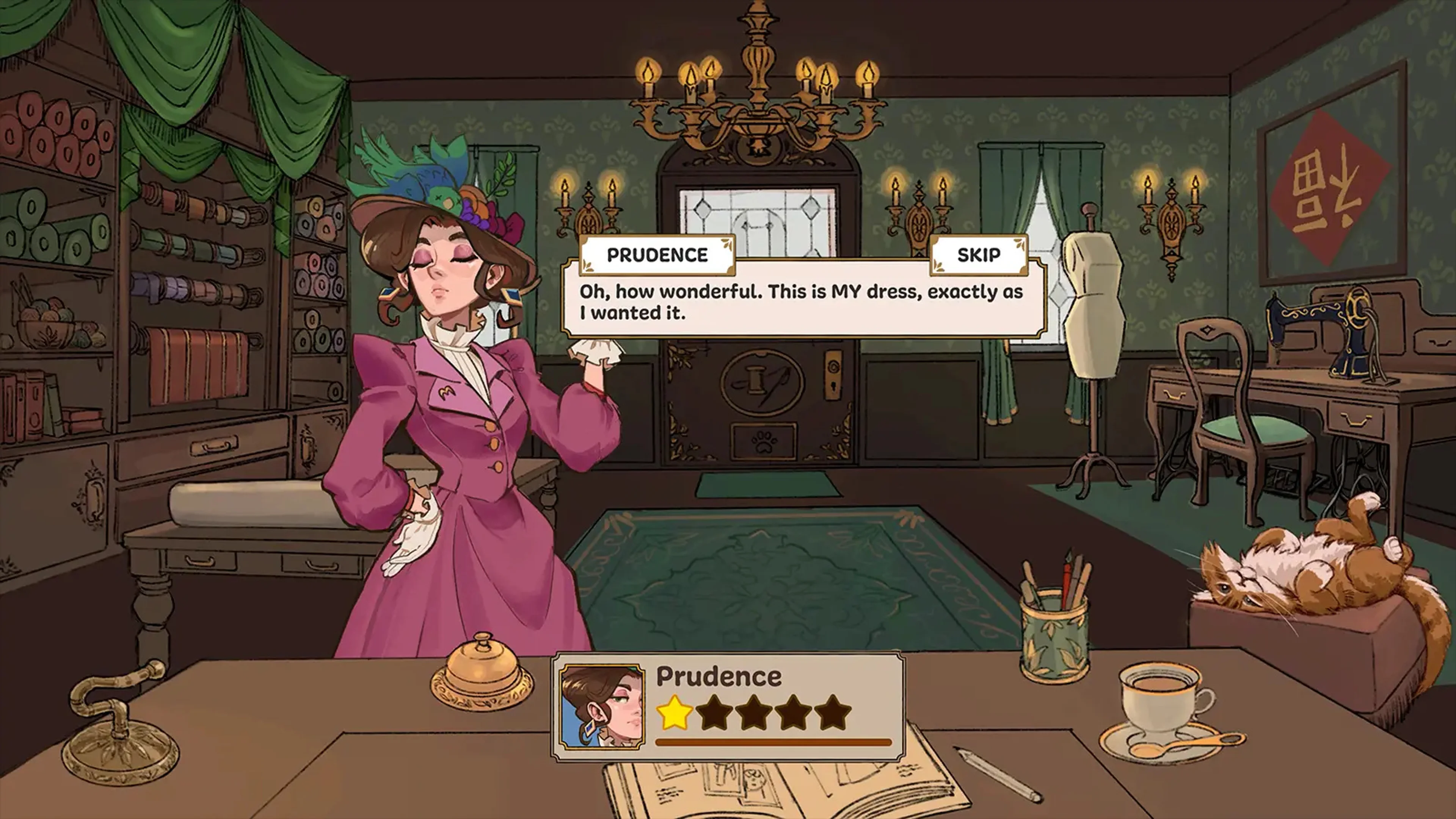 A customer named Prudence stands at the counter while her dress commission appears on screen.