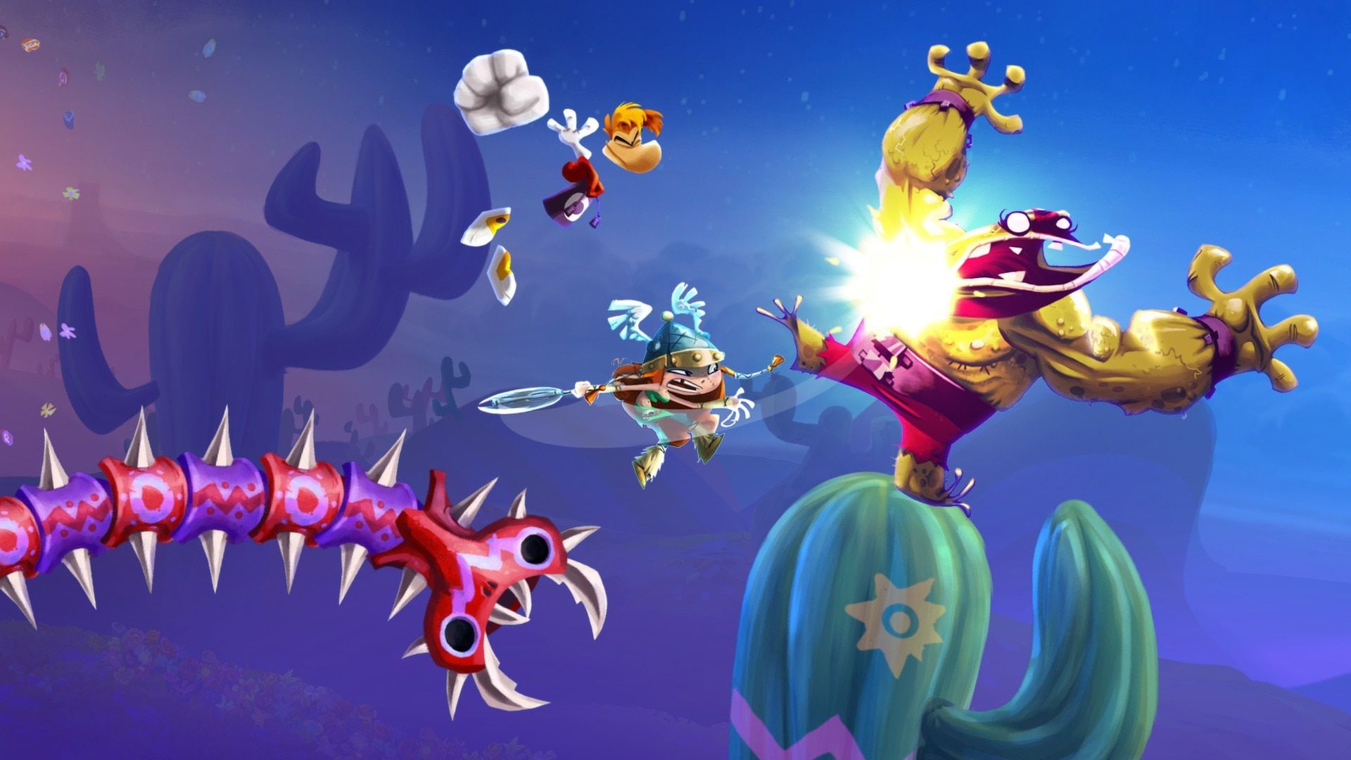 Rayman leaps near a large frog-like enemy in a blue landscape.