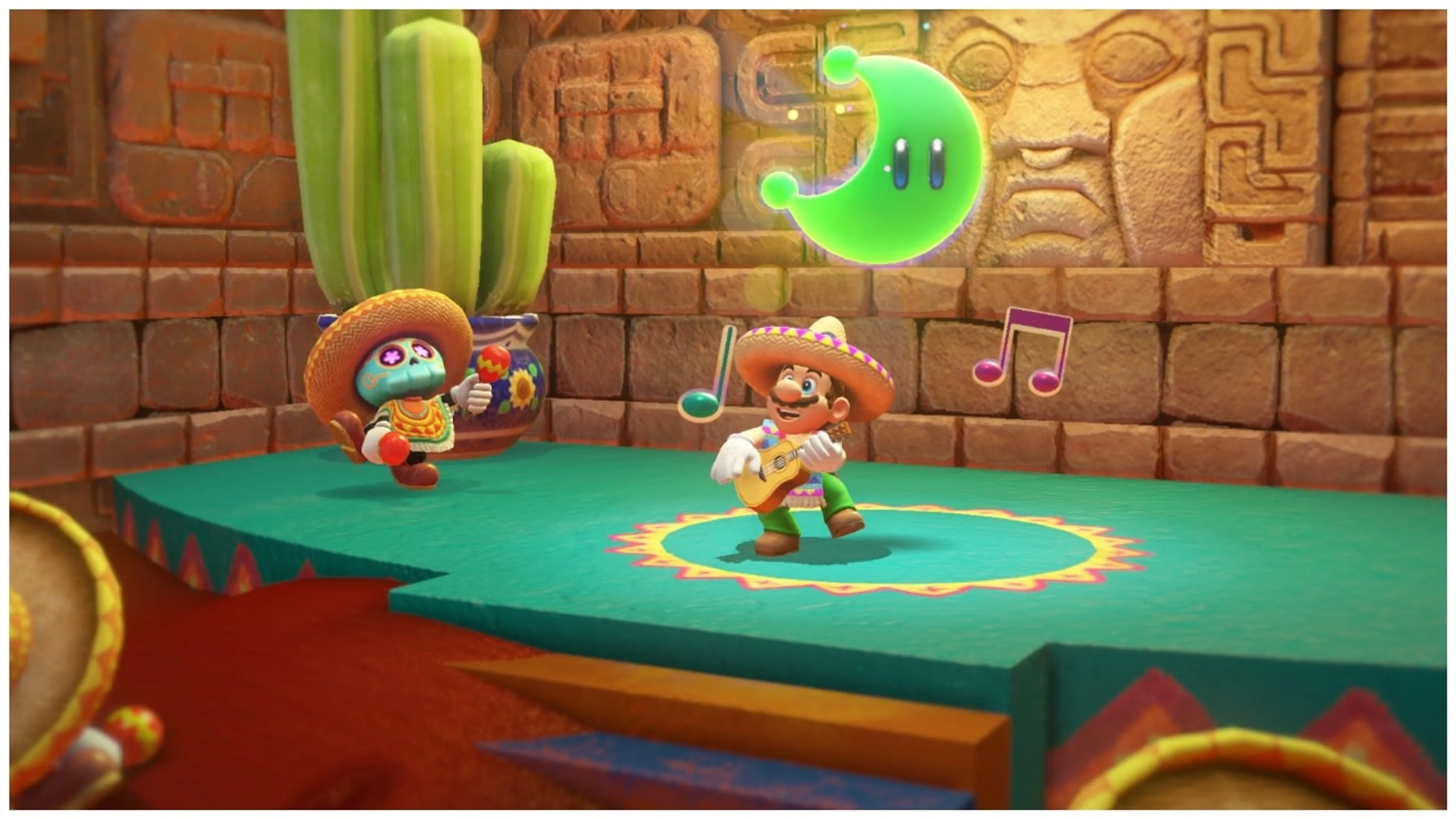 Mario stands on a desert platform with a glowing crescent-shaped Power Moon floating in the air.