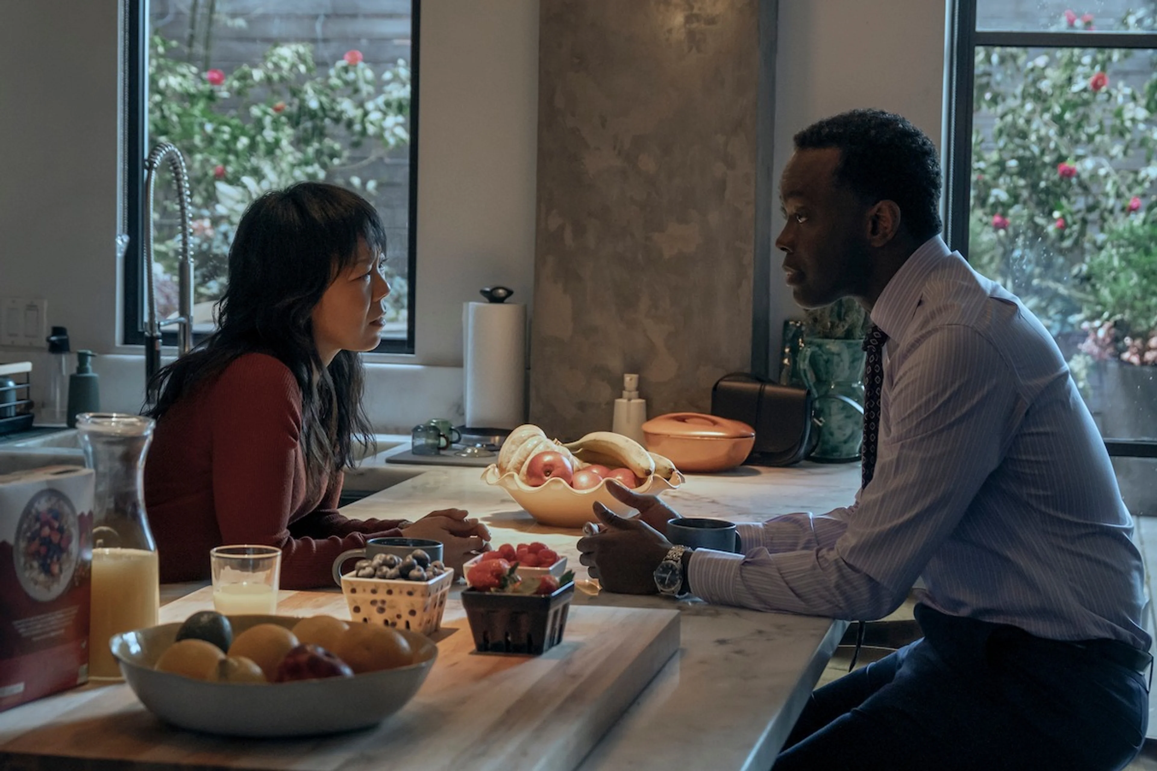 Kate Wyler and Hal Wyler face each other during a tense conversation in an official The Diplomat Season 4 still.