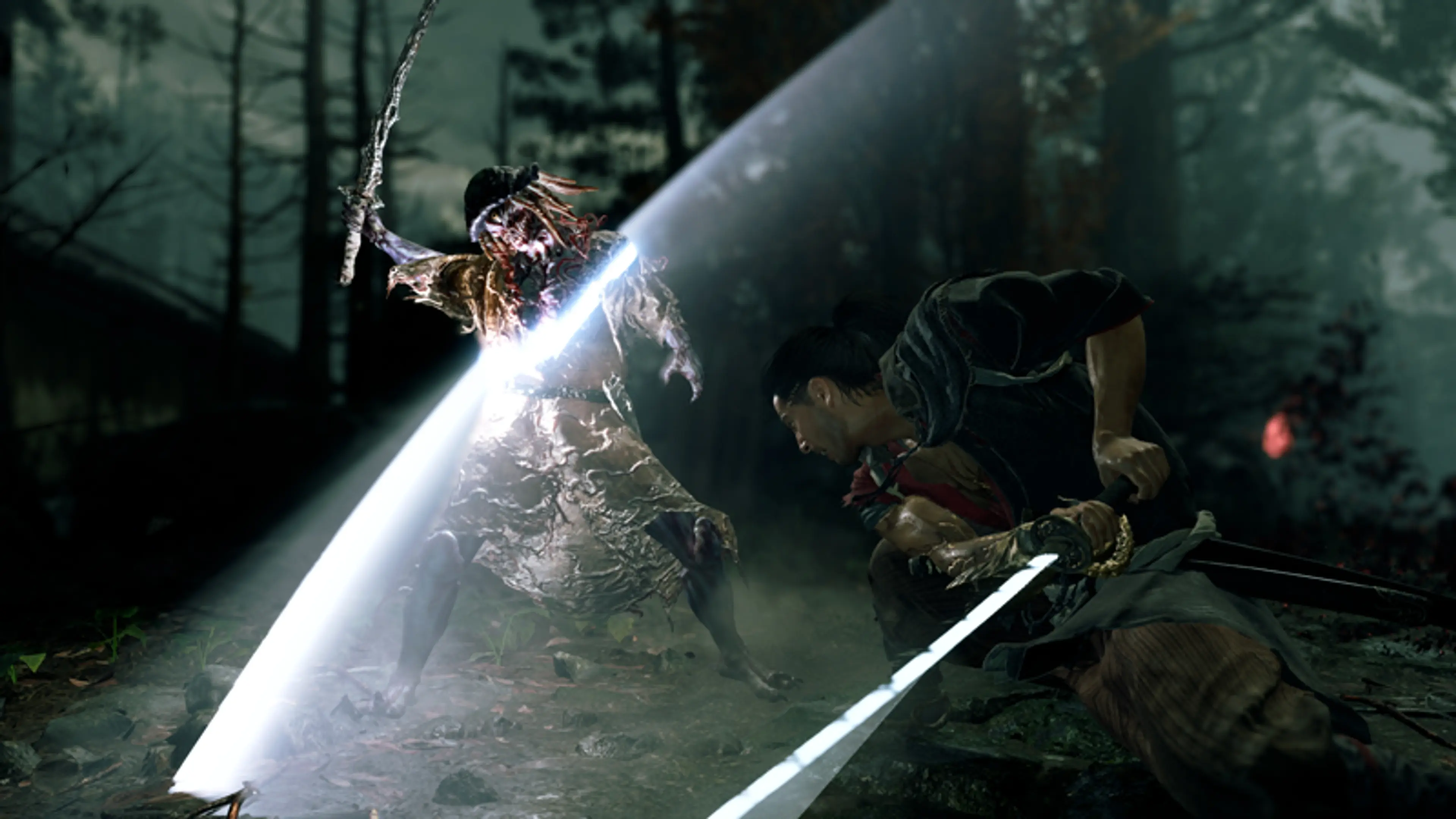 Miyamoto Musashi evades a bright sword beam from a Genma during a forest battle in Onimusha: Way of the Sword.