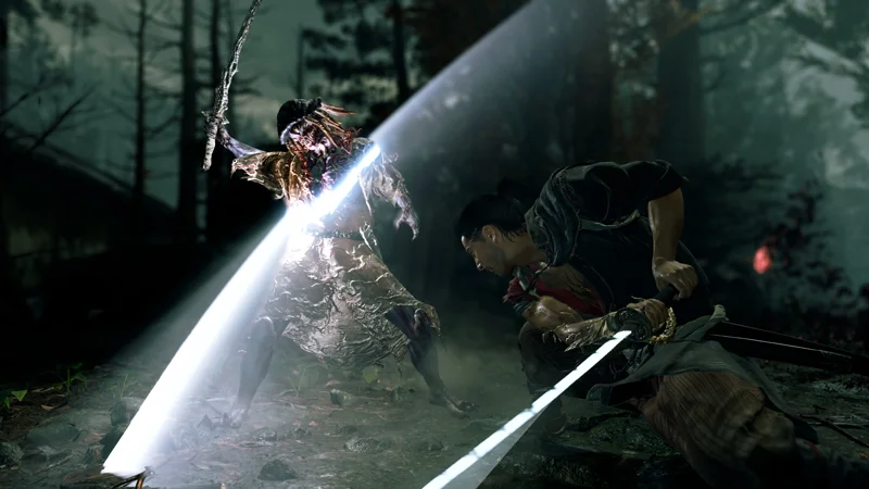 Miyamoto Musashi evades a bright sword beam from a Genma during a forest battle in Onimusha: Way of the Sword.