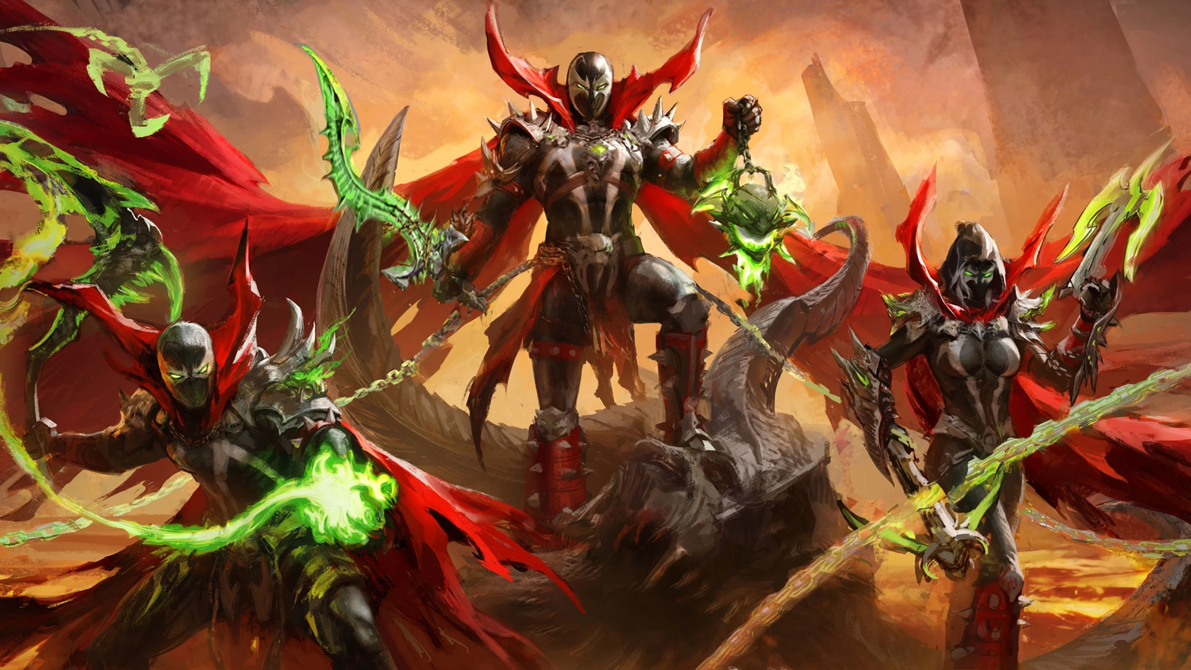 Spawn-inspired armored figures and green magic appear in Blizzard’s official cosmetic-market artwork.