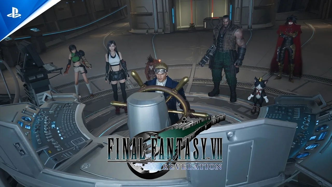 A Final Fantasy VII Revelation scene shows Cloud and his companions traveling through the game world.