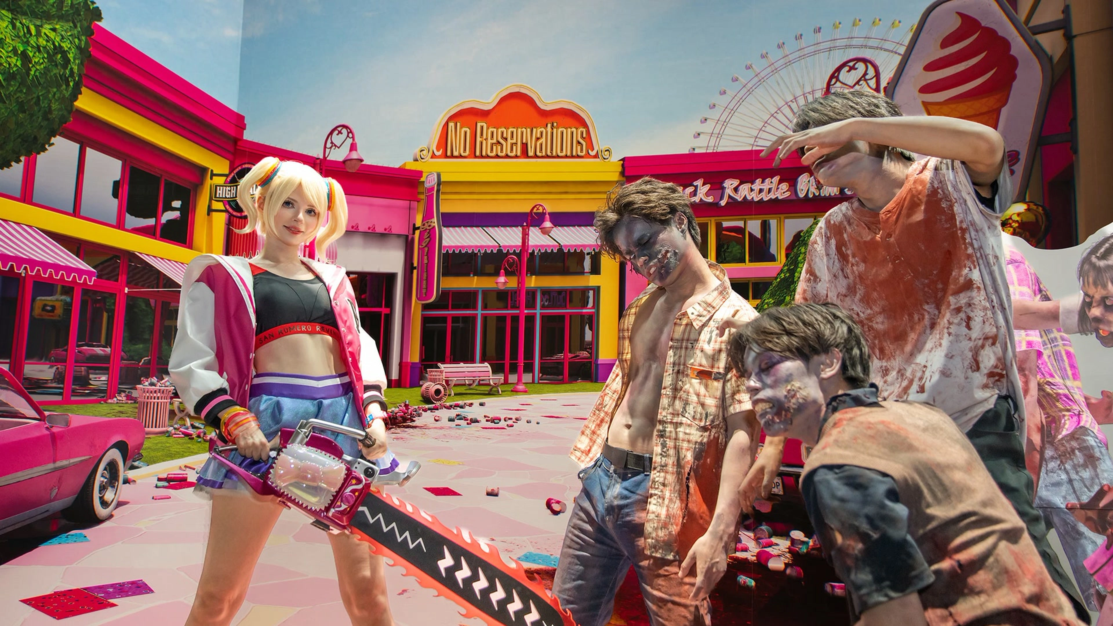 A Juliet Starling cosplayer holds a chainsaw while surrounded by zombies at Tokyo Game Show 2026.