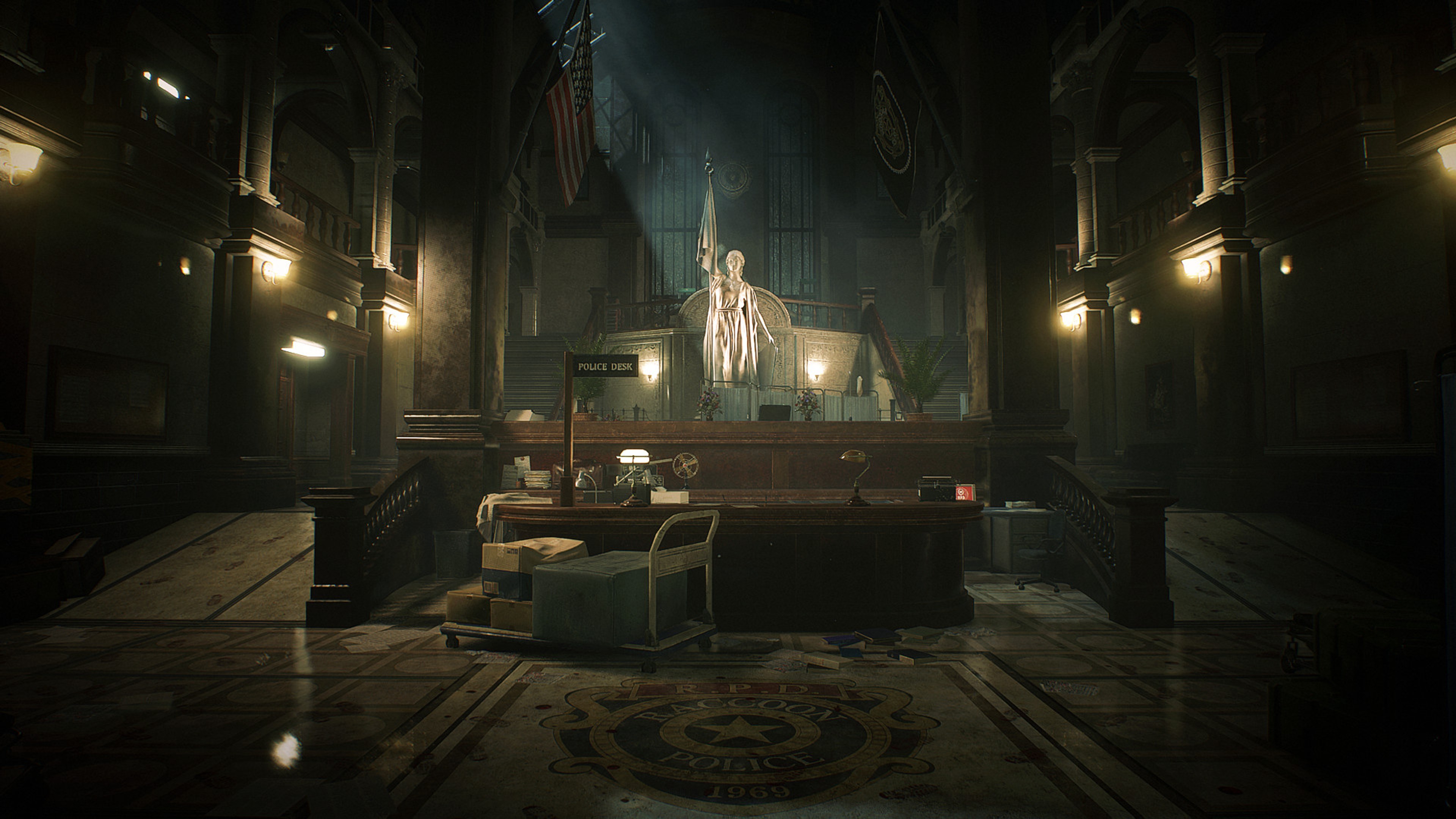 The main hall of the Raccoon Police Department in Resident Evil 2.
