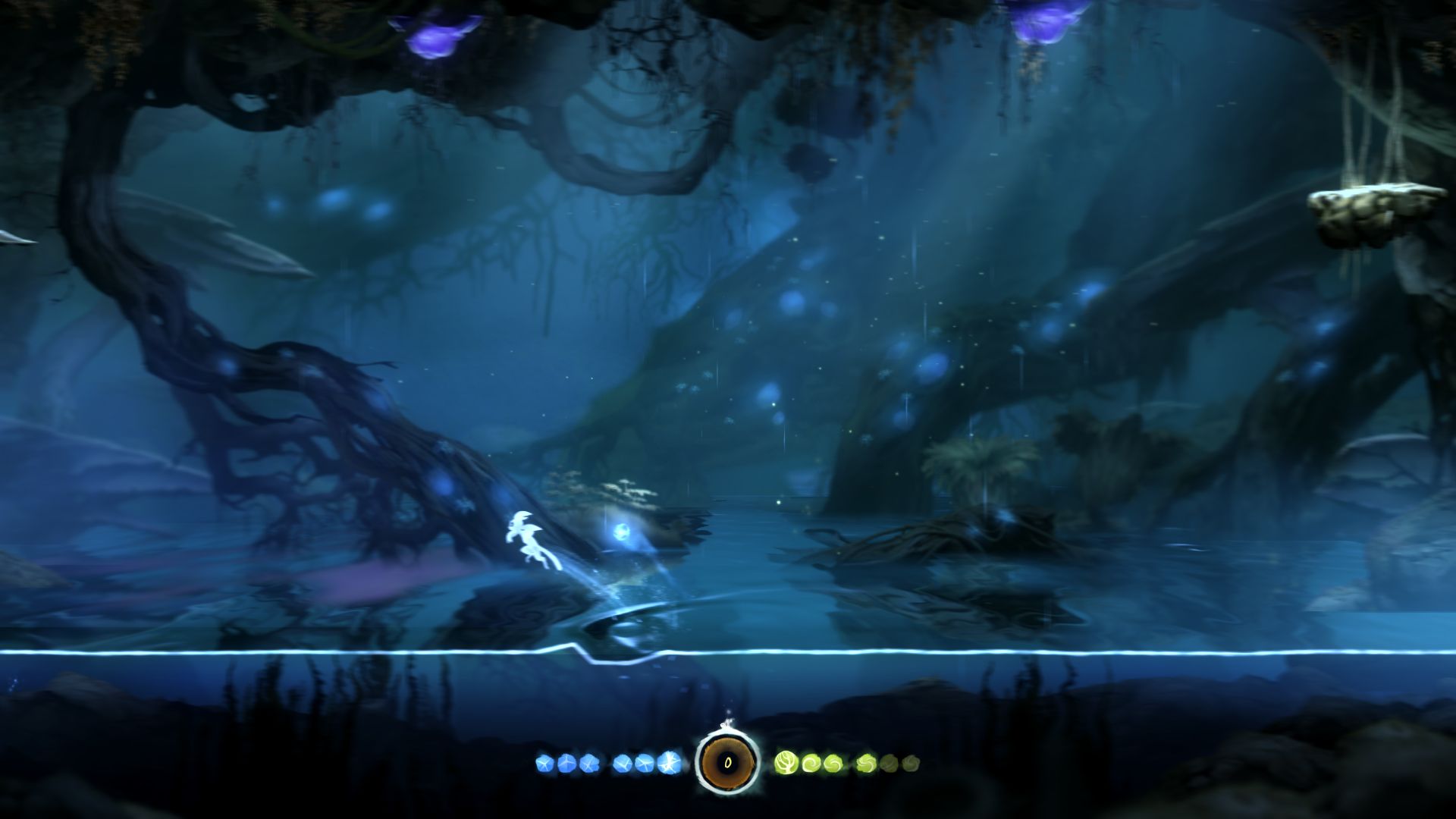 Tiny white Ori crosses a dark forest floor while a row of glowing HUD dots appears below.