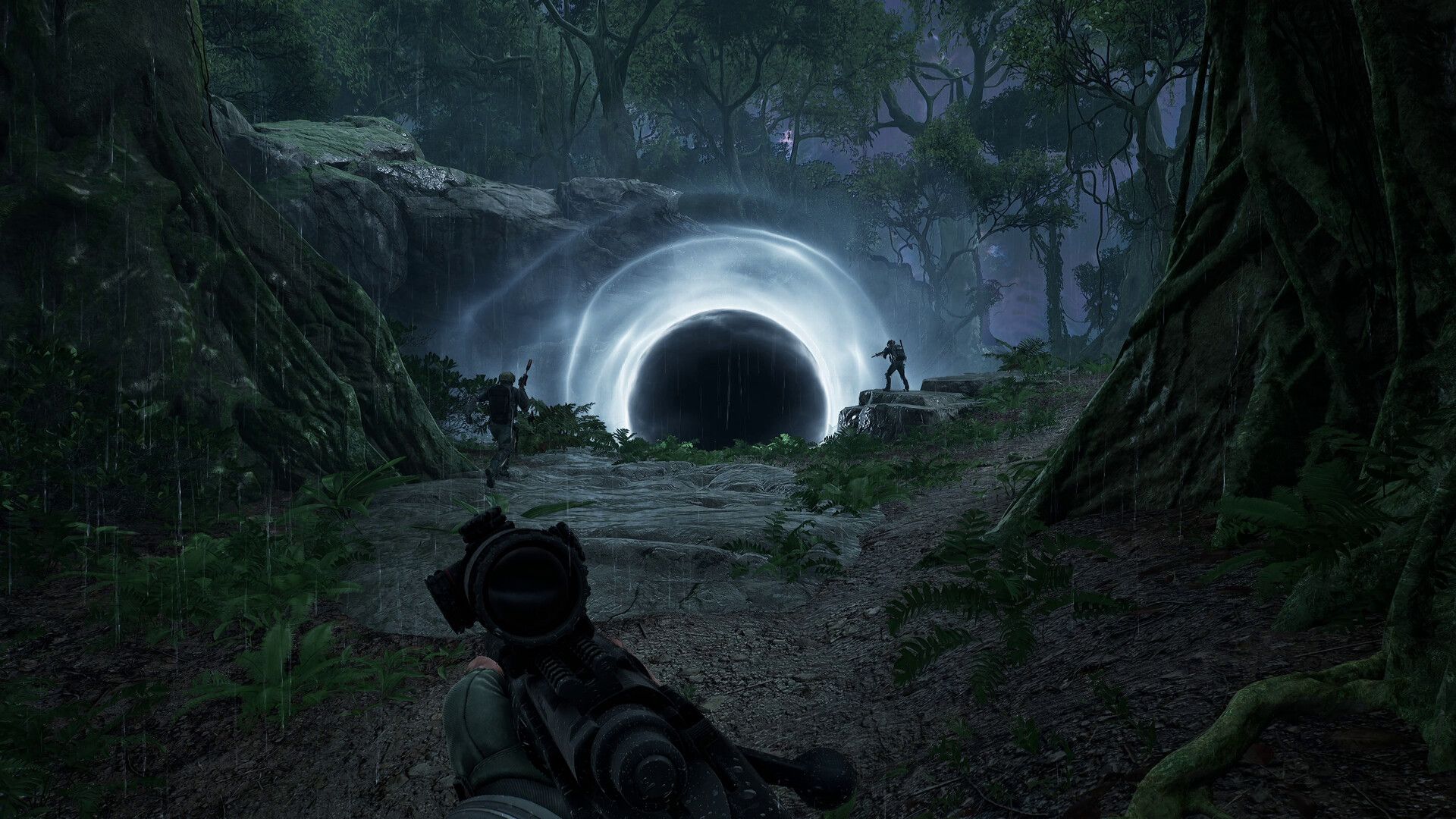 Armed characters approach a glowing circular phenomenon in a forest in PUBG: Black Budget.