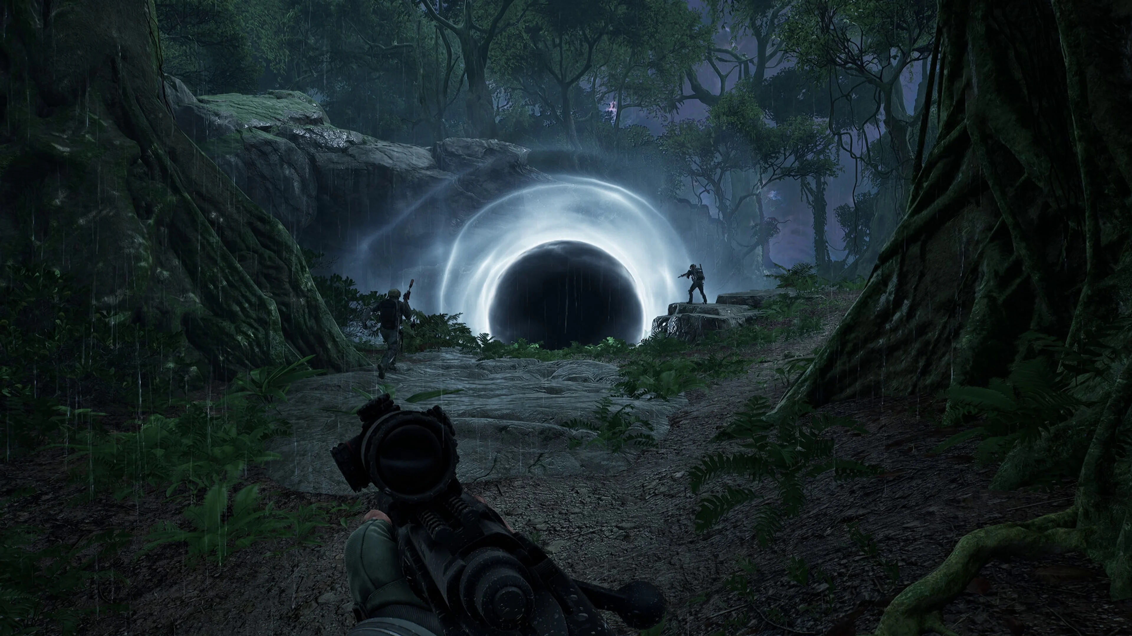 Armed characters approach a glowing circular phenomenon in a forest in PUBG: Black Budget.