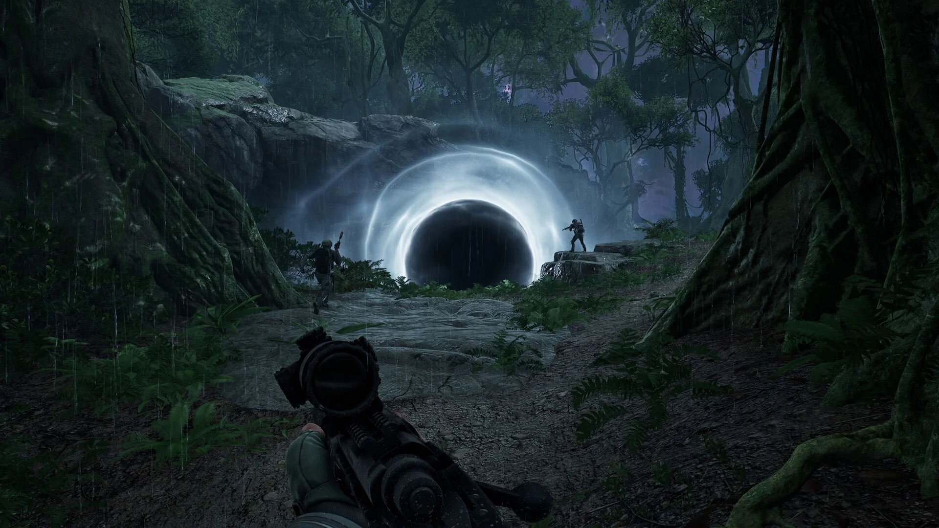 Armed characters approach a glowing circular phenomenon in a forest in PUBG: Black Budget.