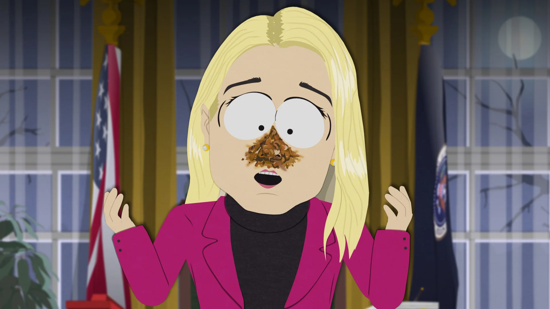 A blonde woman stands in the White House in an official South Park Season 28 still.