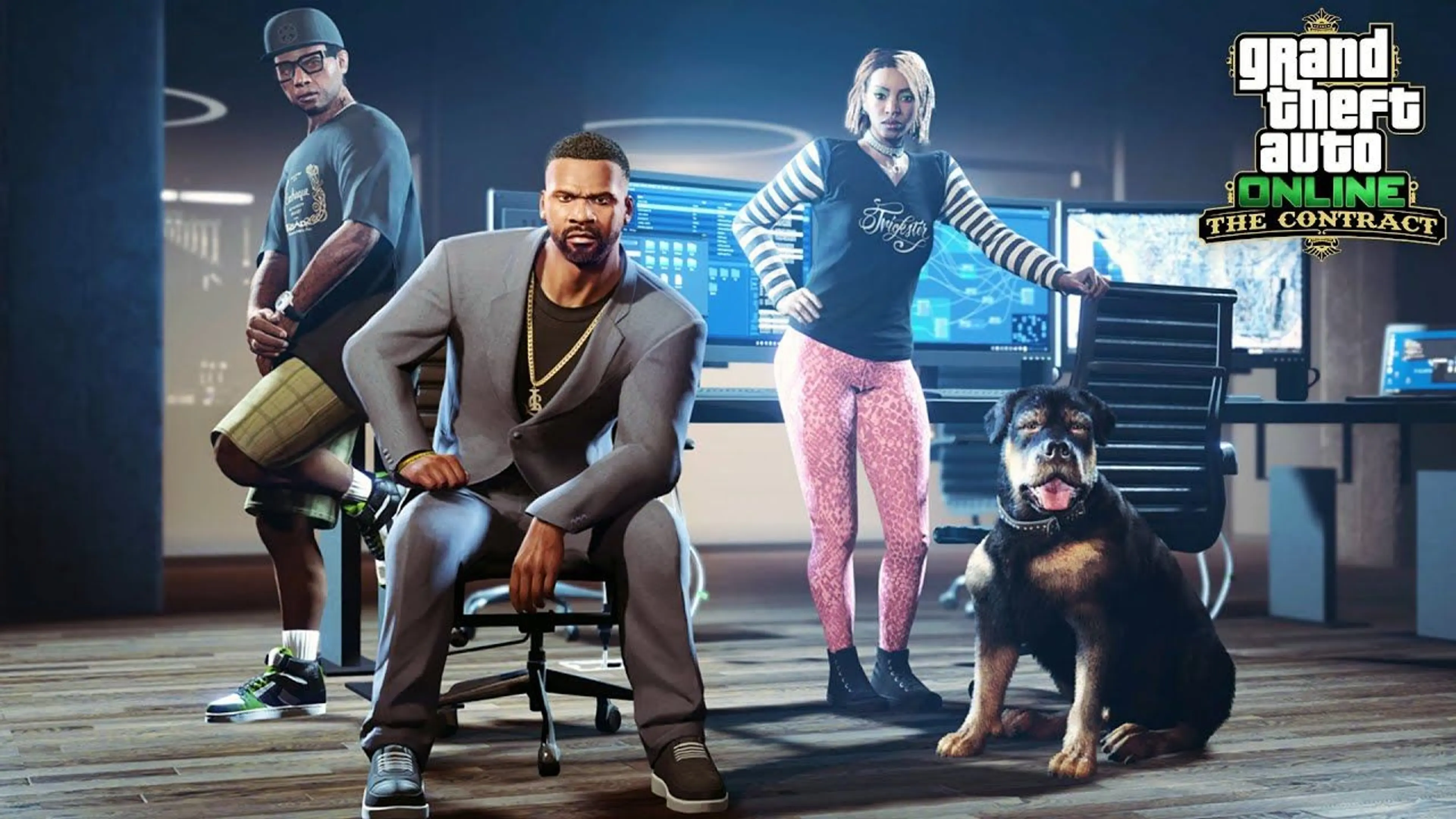 Franklin Clinton seated in the center of his GTA Online Agency office with Lamar, Imani, and Chop nearby.