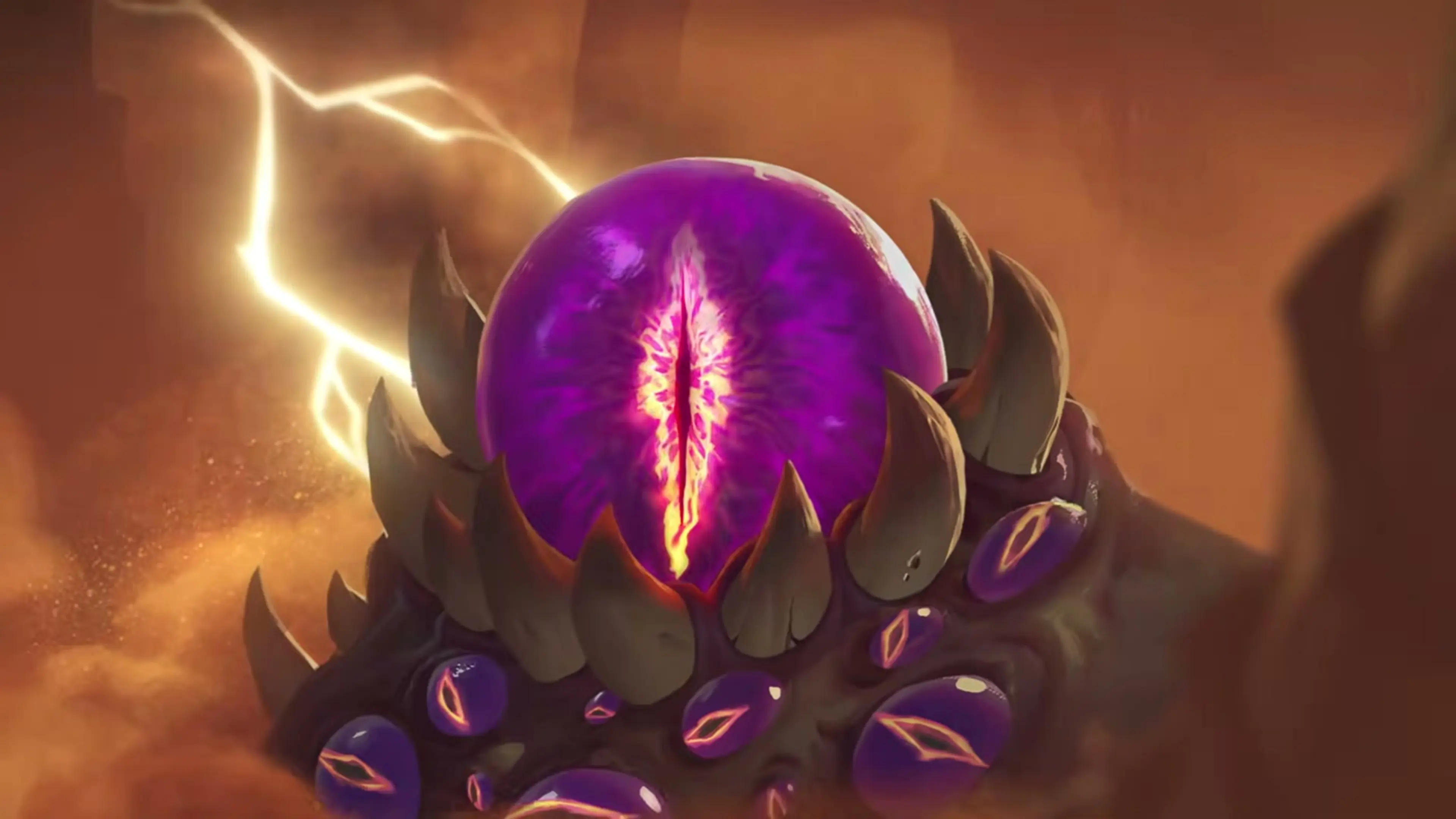 C'Thun raises a giant purple eye beneath a lightning-filled sky.