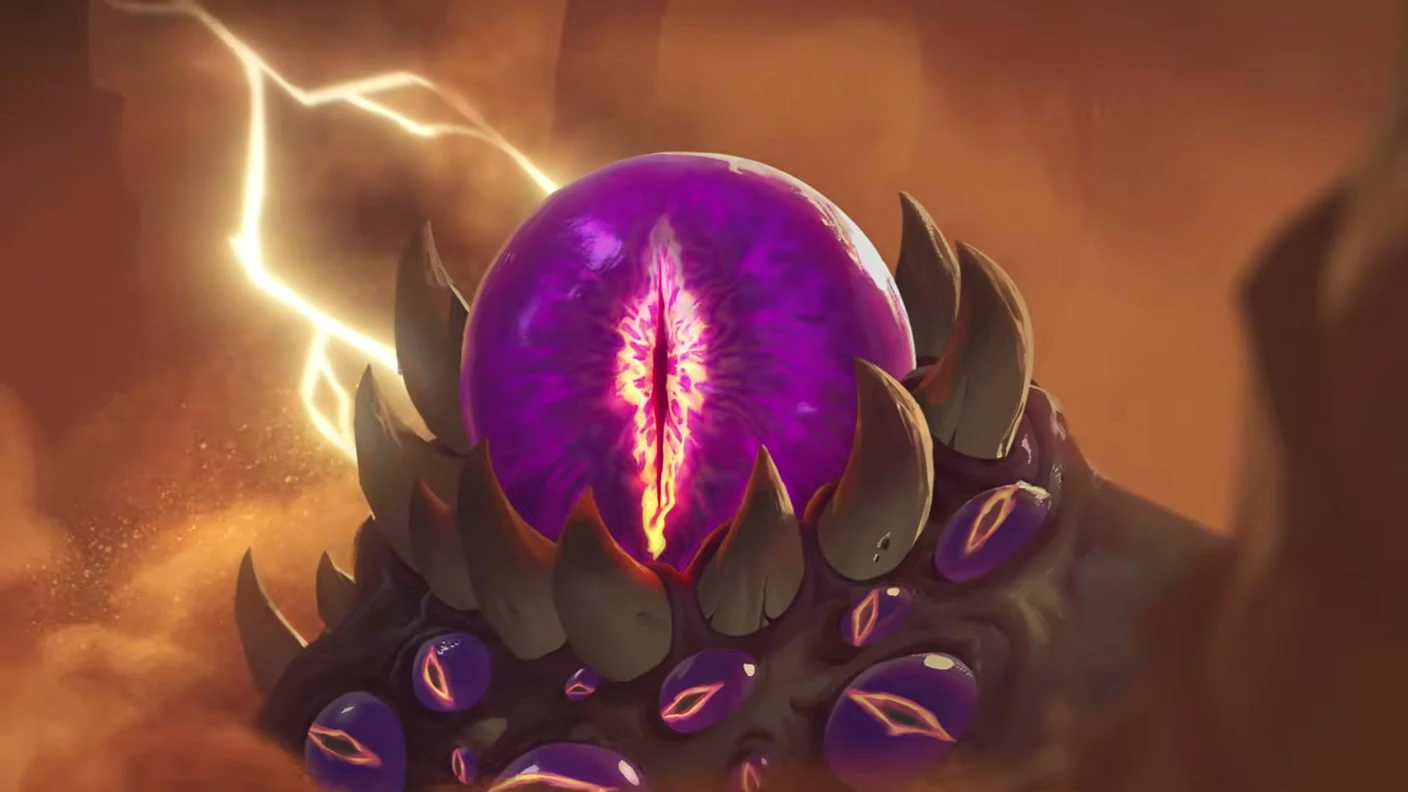 C'Thun raises a giant purple eye beneath a lightning-filled sky.
