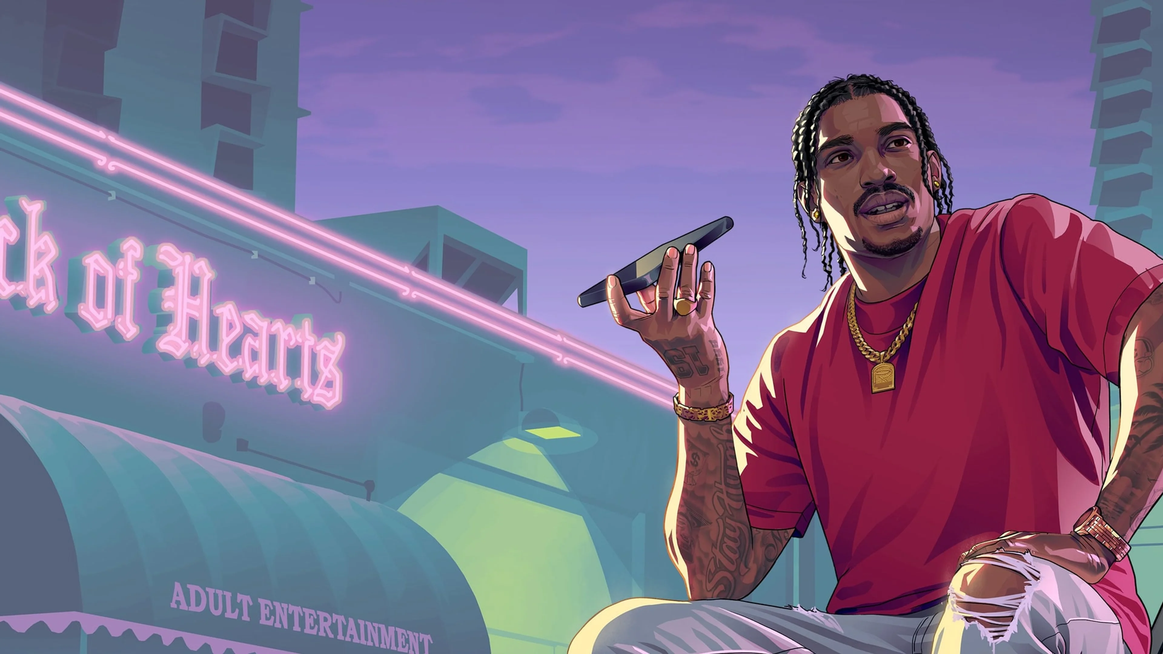 A character holds a phone outside a neon-lit building in official Grand Theft Auto VI artwork.