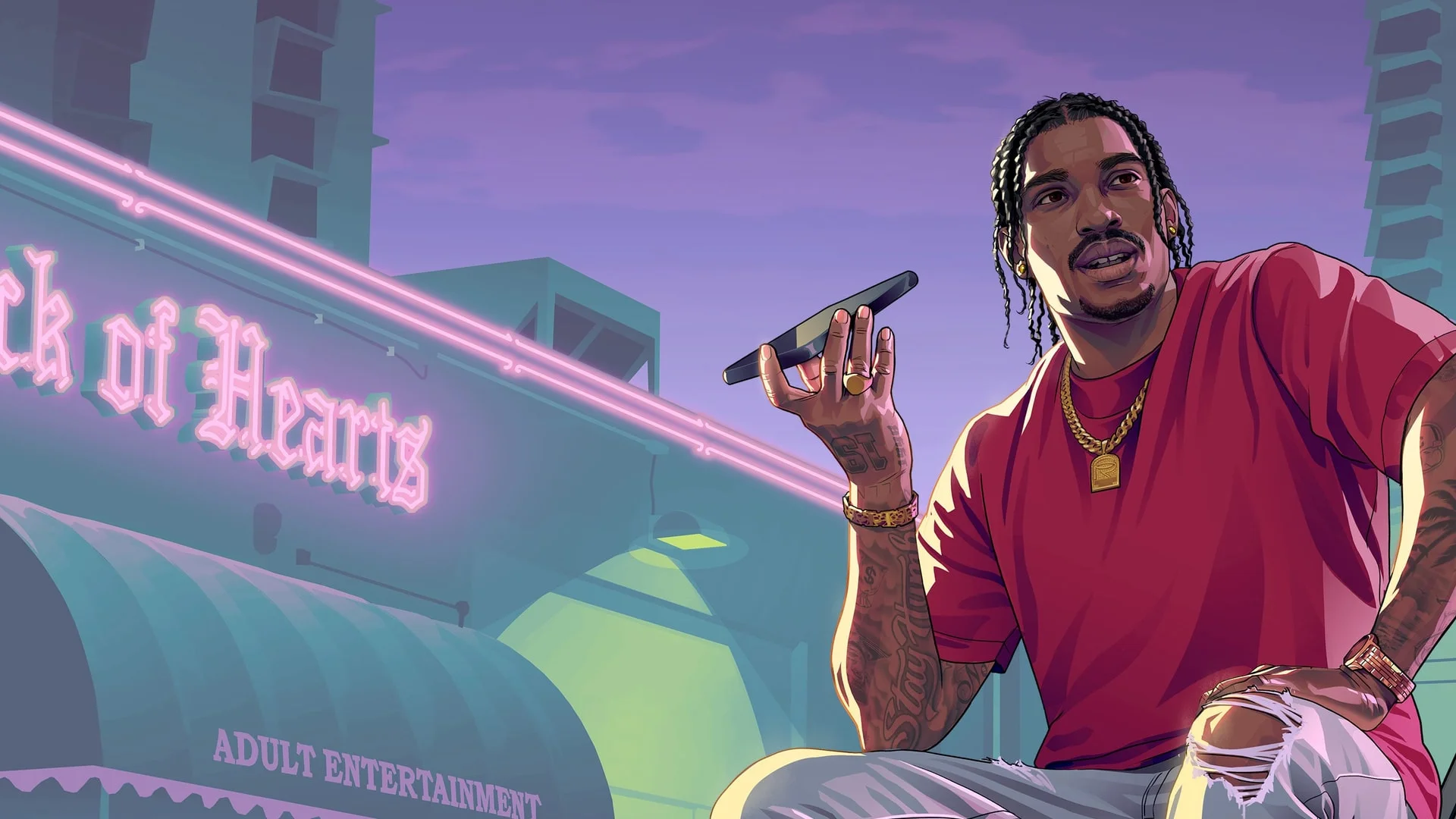 A character holds a phone outside a neon-lit building in official Grand Theft Auto VI artwork.