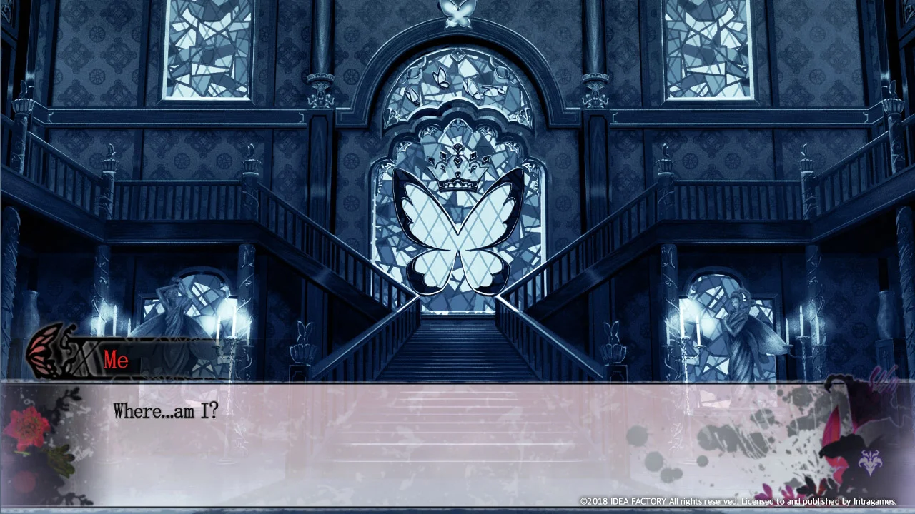A staircase and stained-glass windows inside the mansion in Psychedelica of the Black Butterfly.