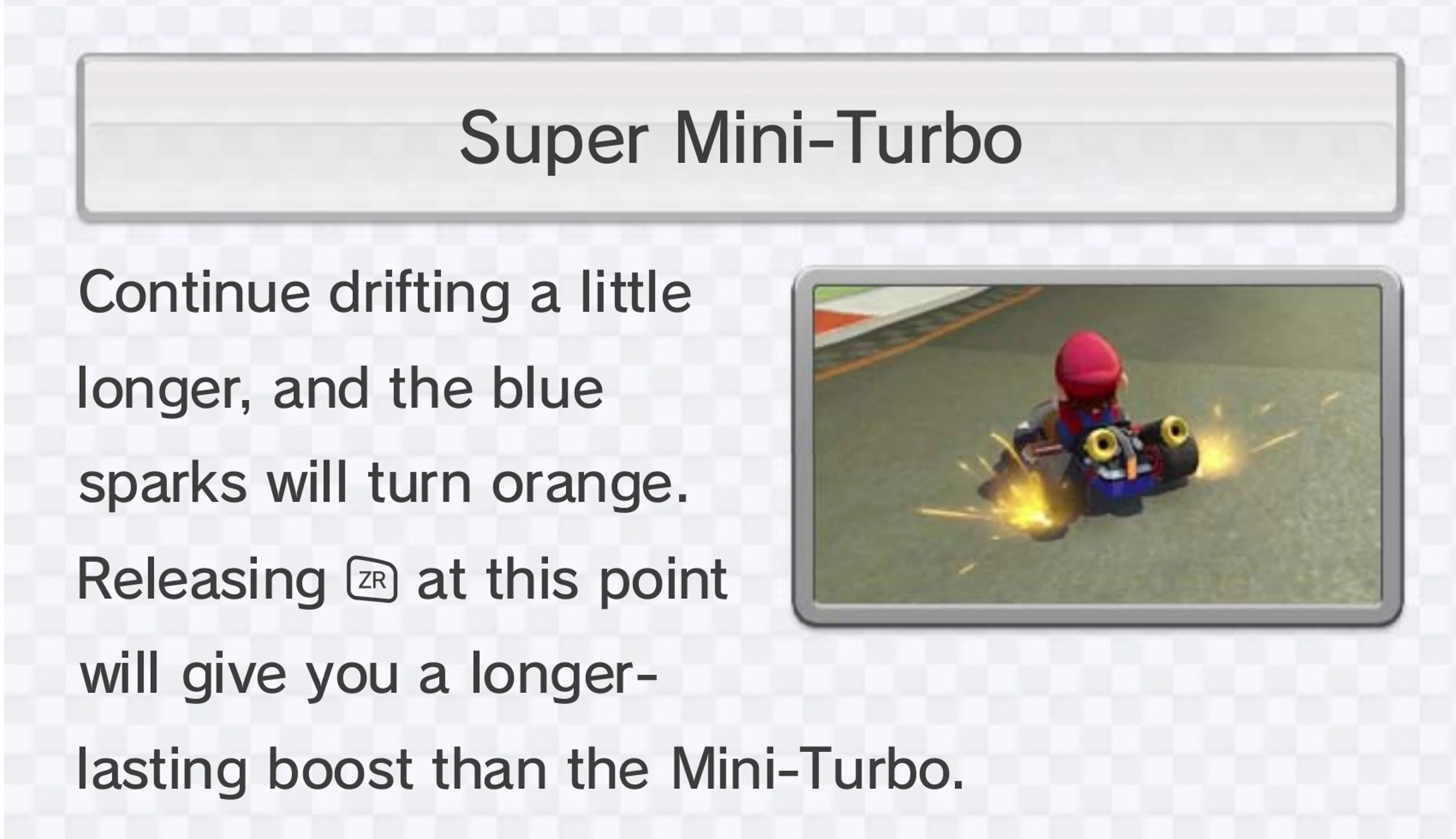 Official Nintendo Mario Kart 8 Wii U manual crop showing orange sparks around Mario’s rear kart tires and the Super Mini-Turbo instruction.
