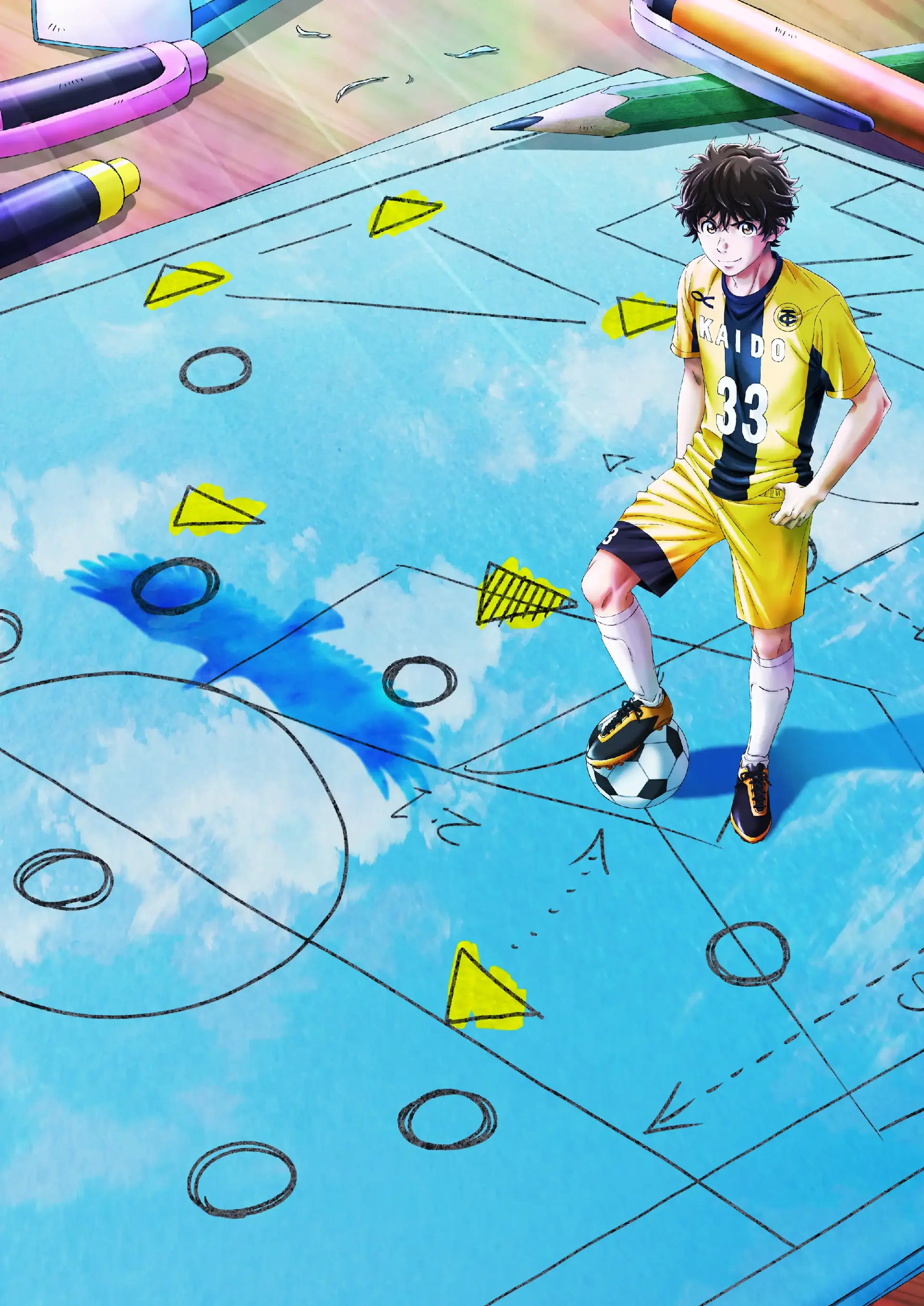Official teaser visual shows Ashito standing over a soccer tactics drawing.