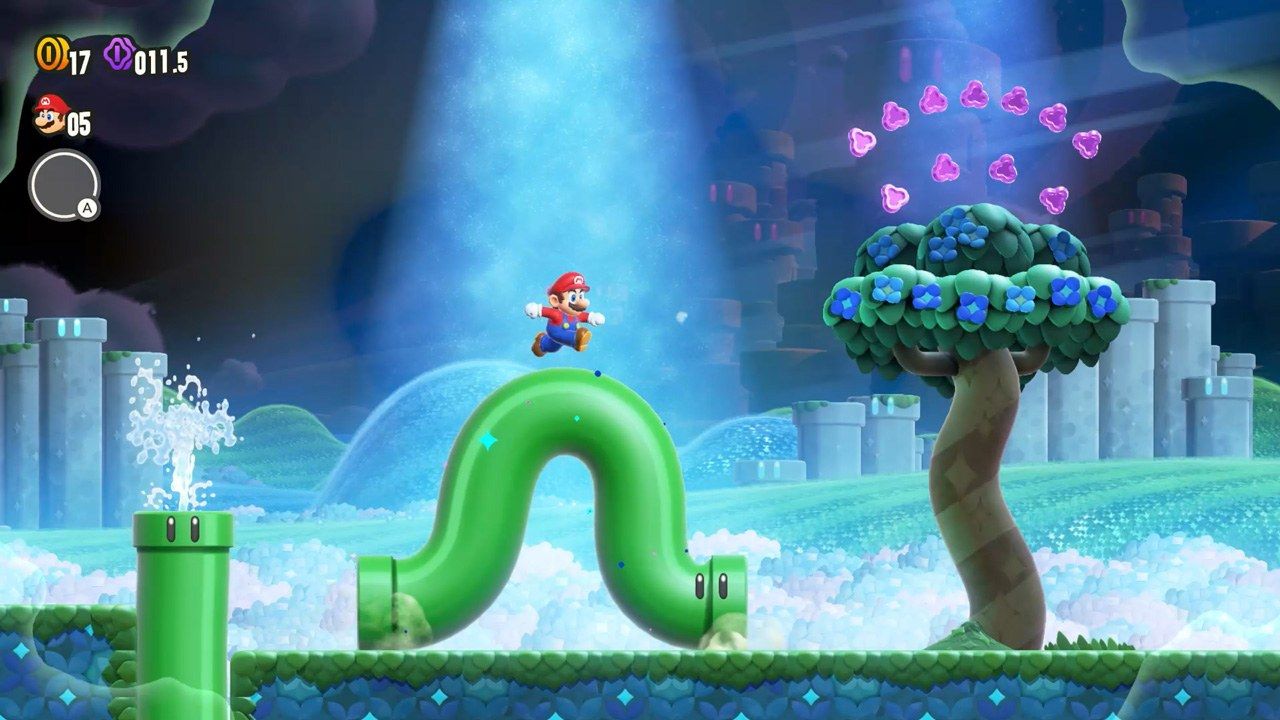 Mario jumps over a moving green pipe in a side-scrolling stage.