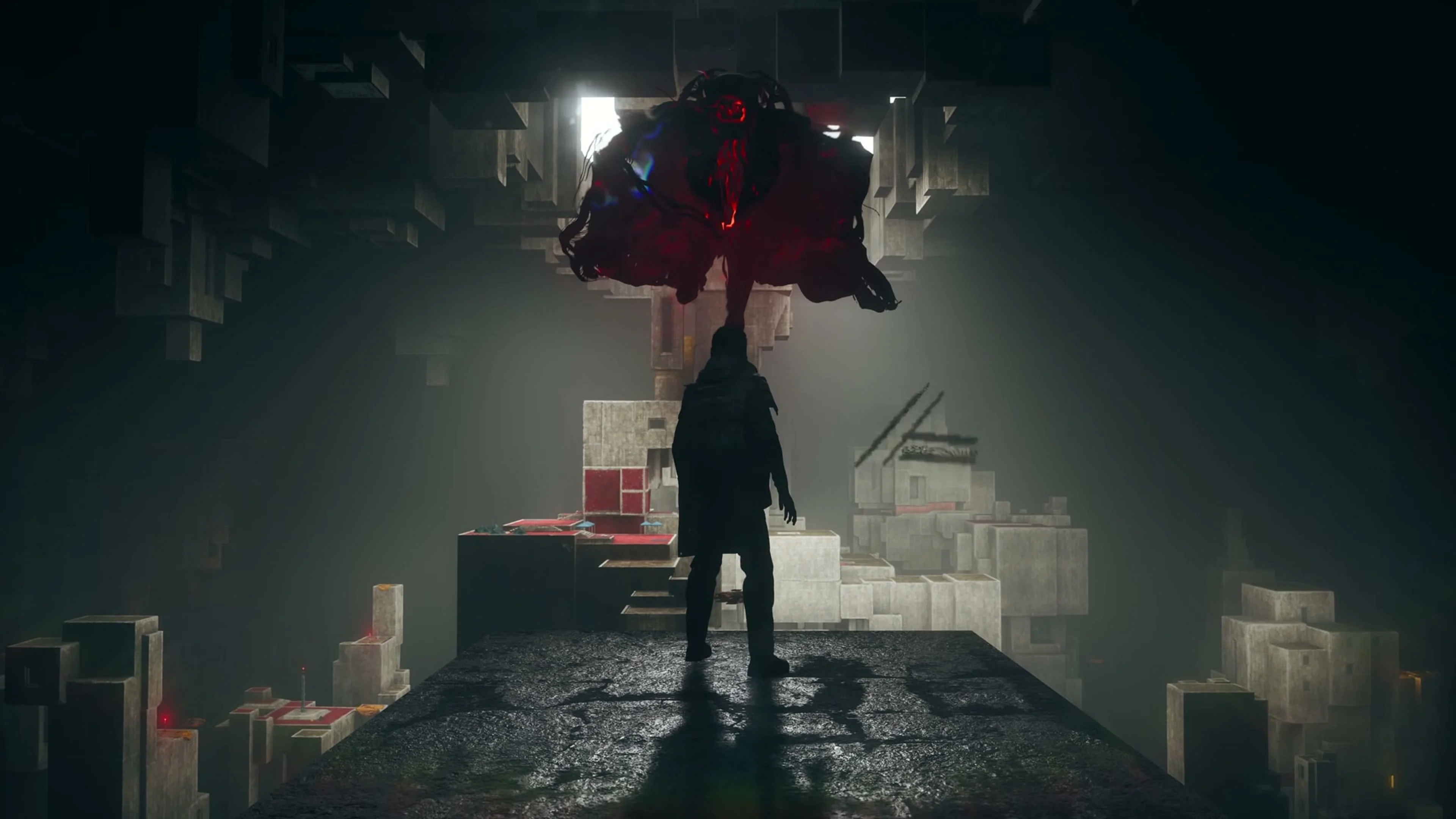 Dylan stands beneath a looming paranormal figure in a fractured concrete space.