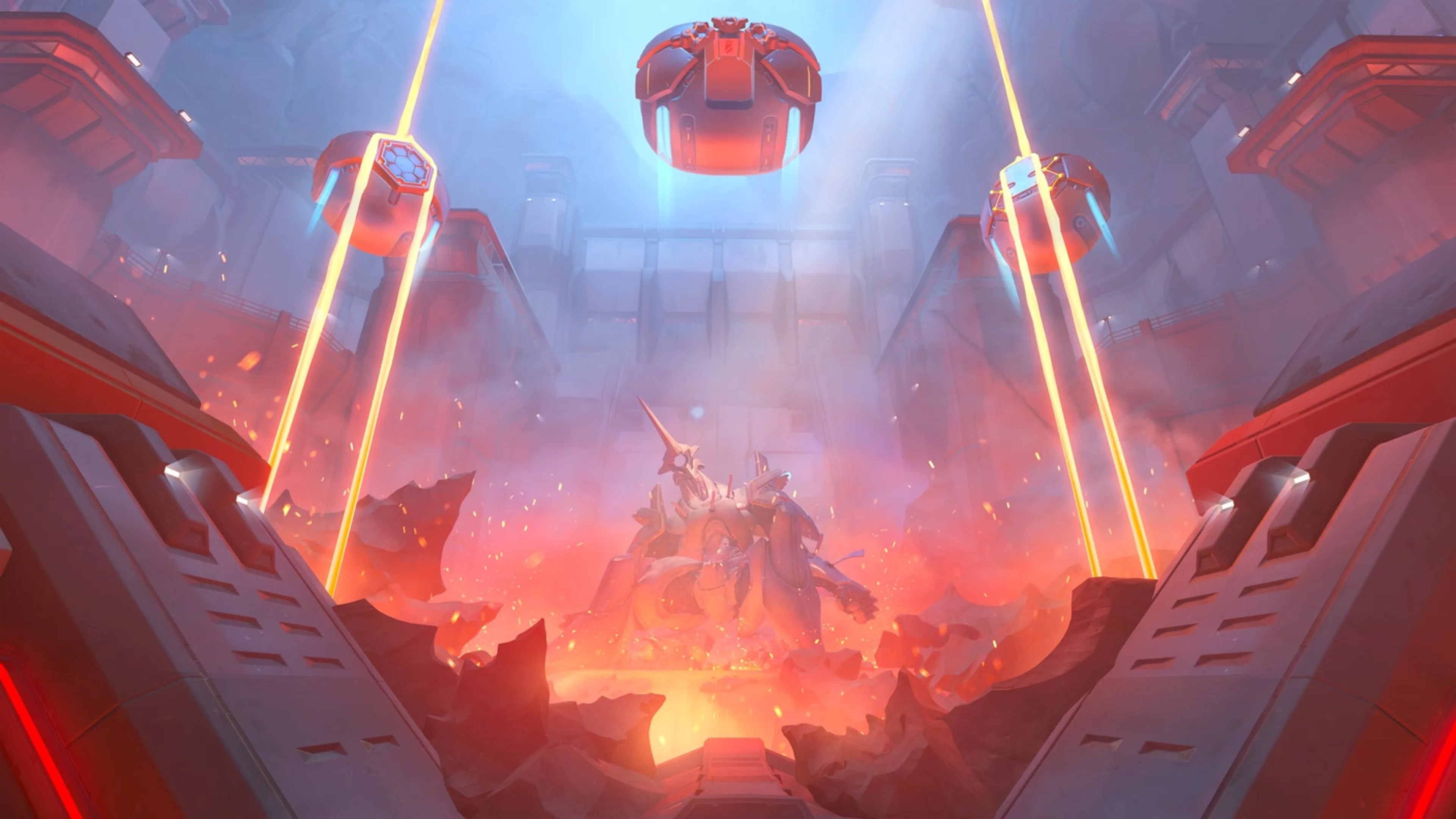 A lava-filled prison chamber contains suspended red cells and a large armored structure.