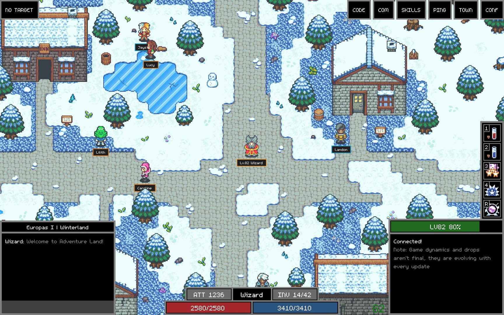 Characters exploring a snowy town in Adventure Land.