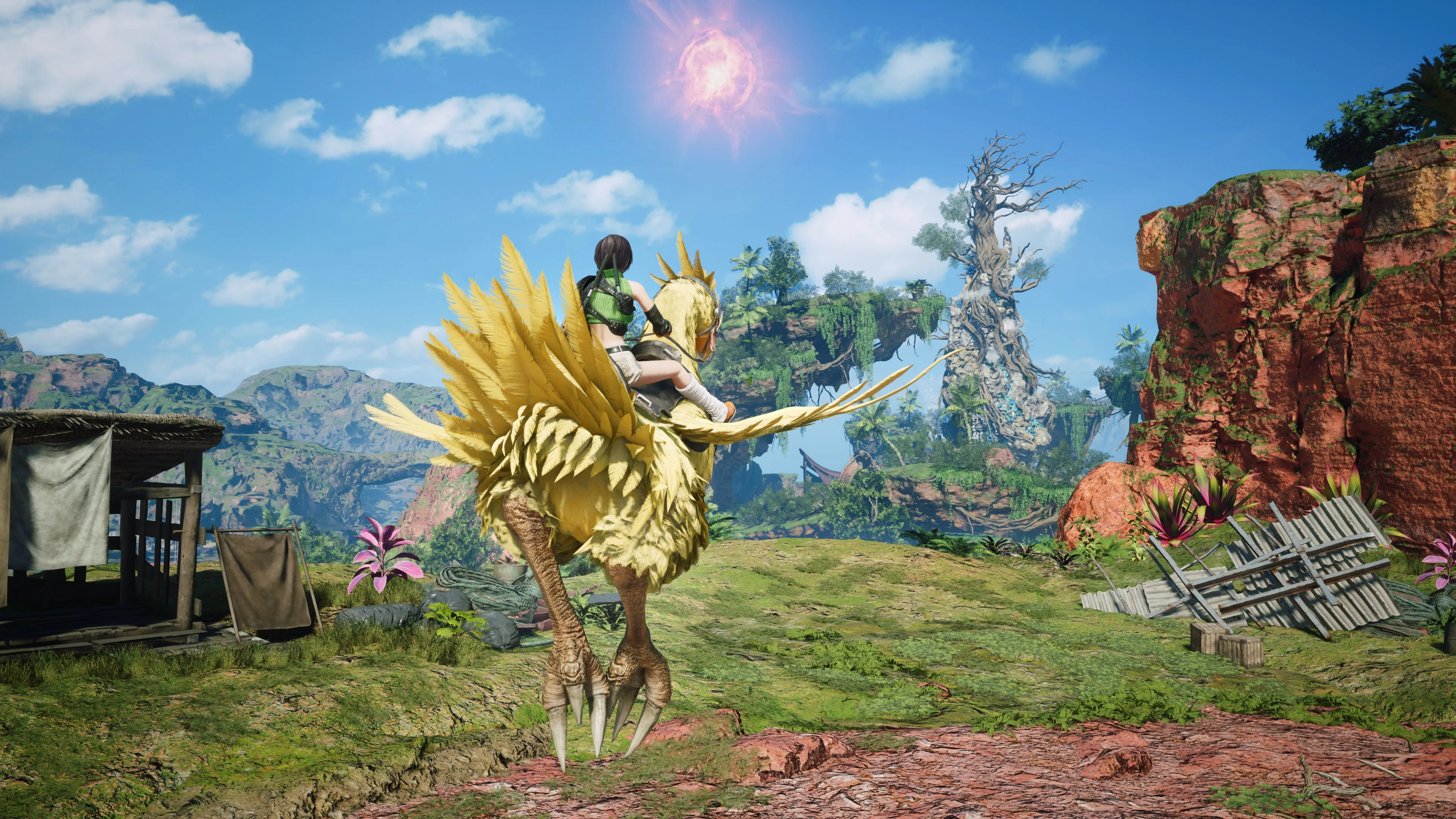 Yuffie rides a yellow Chocobo through a bright outdoor region in Final Fantasy VII Revelation.