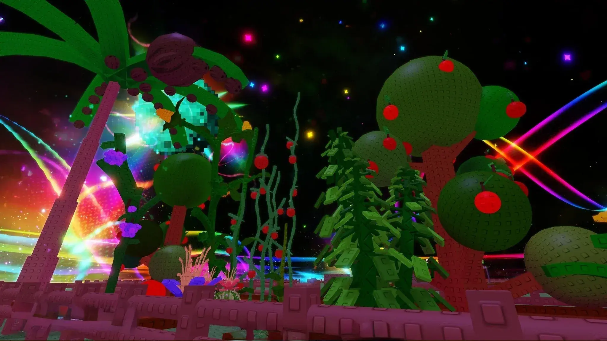 A Grow a Garden 2 plot filled with large colorful crops during a nighttime event.
