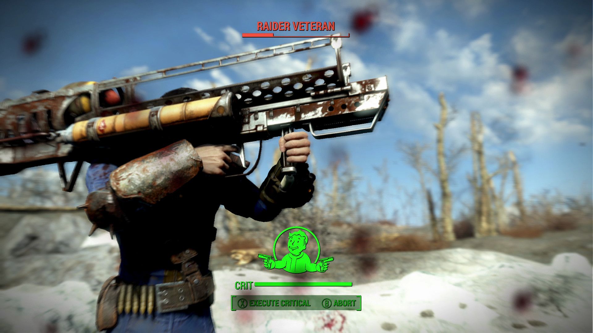 A character aims a bulky gun at a distant raider, with part of the combat HUD visible.