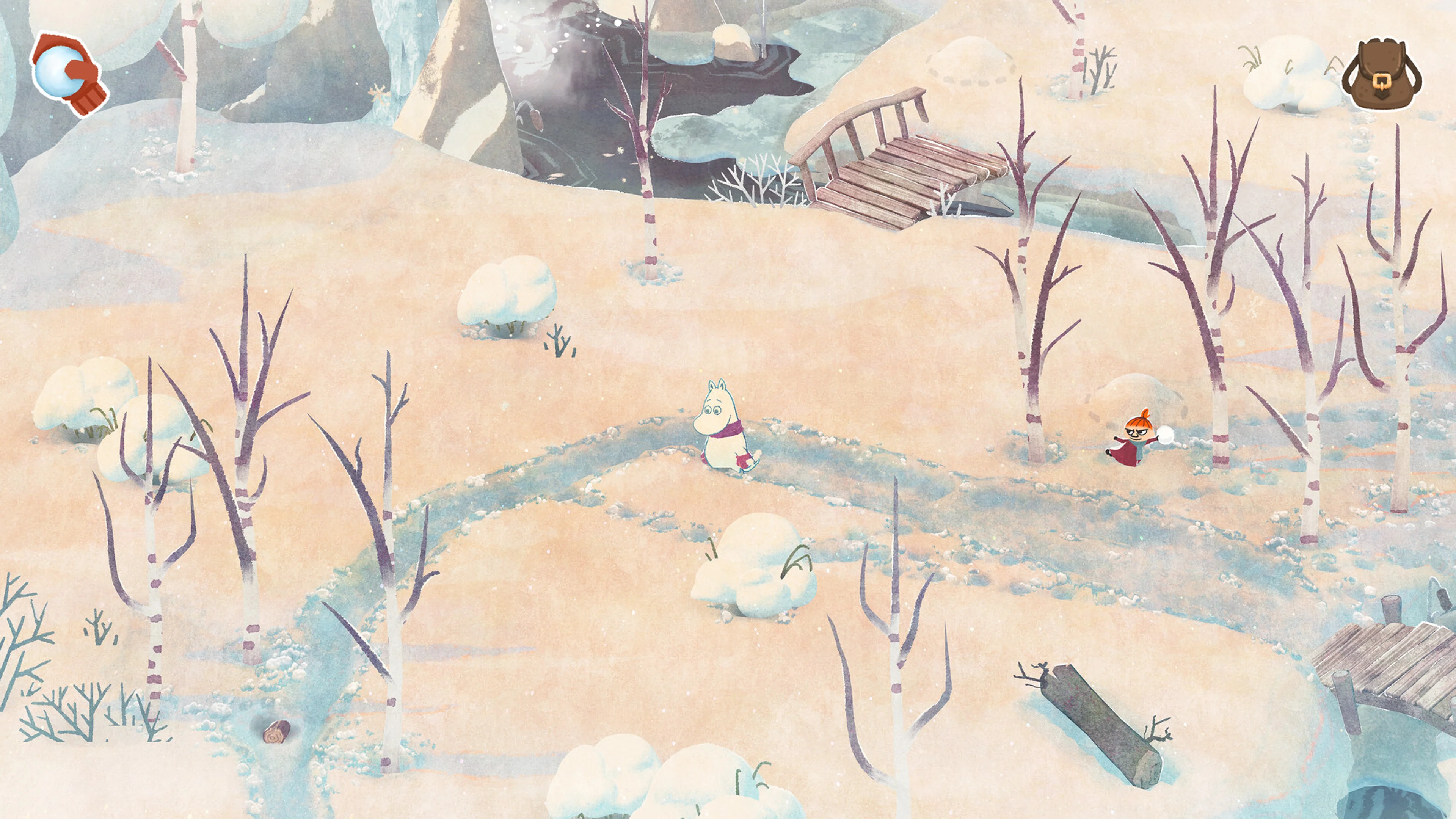 Moomintroll walks through a pale winter landscape as morning light reaches the snow.