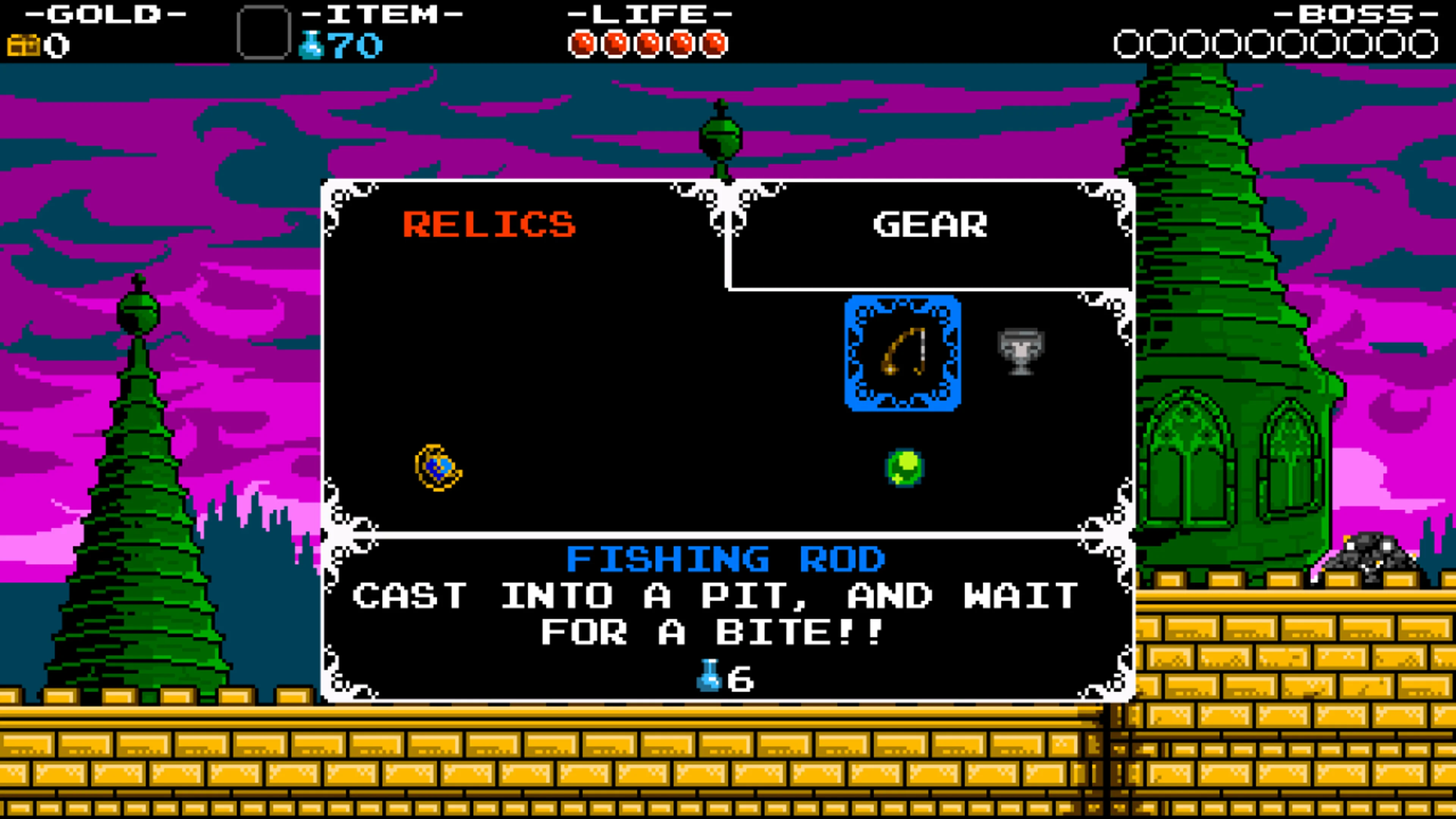 Official Shovel of Hope manual Sub Screen: RELICS and GEAR tabs sit atop a black panel, Fishing Rod is selected in blue, and its description and magic cost appear below.