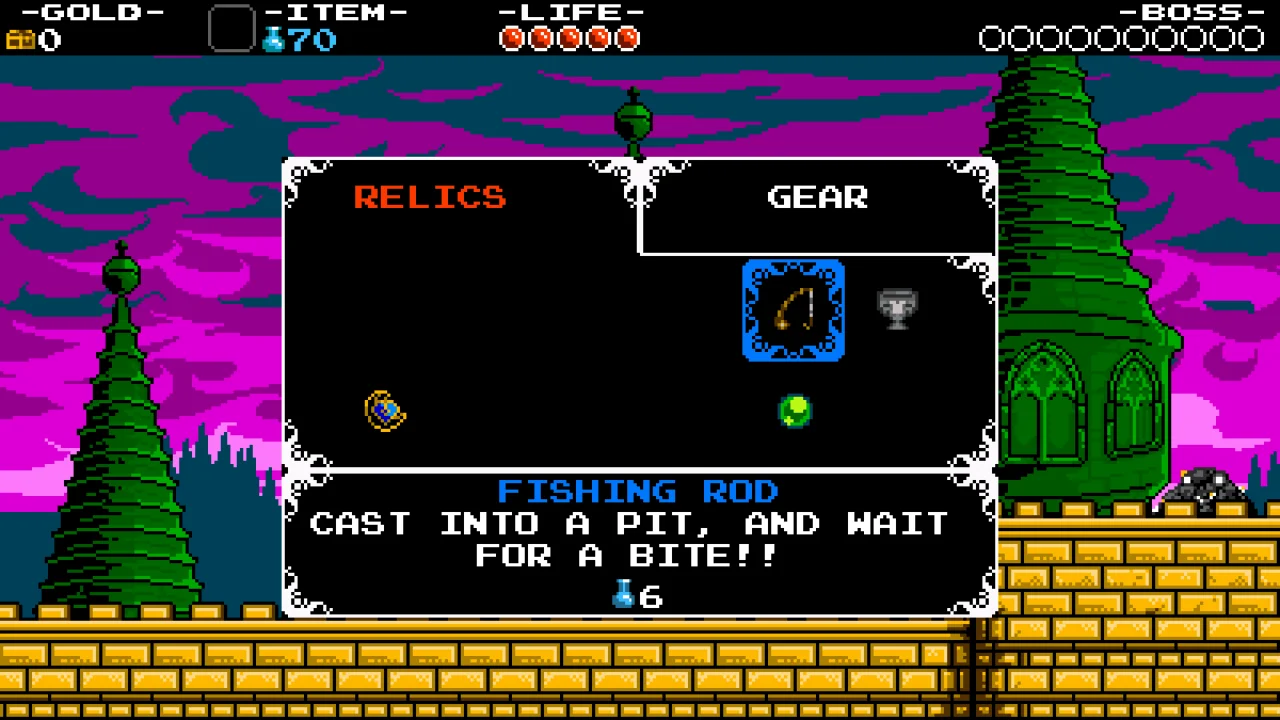 Official Shovel of Hope manual Sub Screen: RELICS and GEAR tabs sit atop a black panel, Fishing Rod is selected in blue, and its description and magic cost appear below.