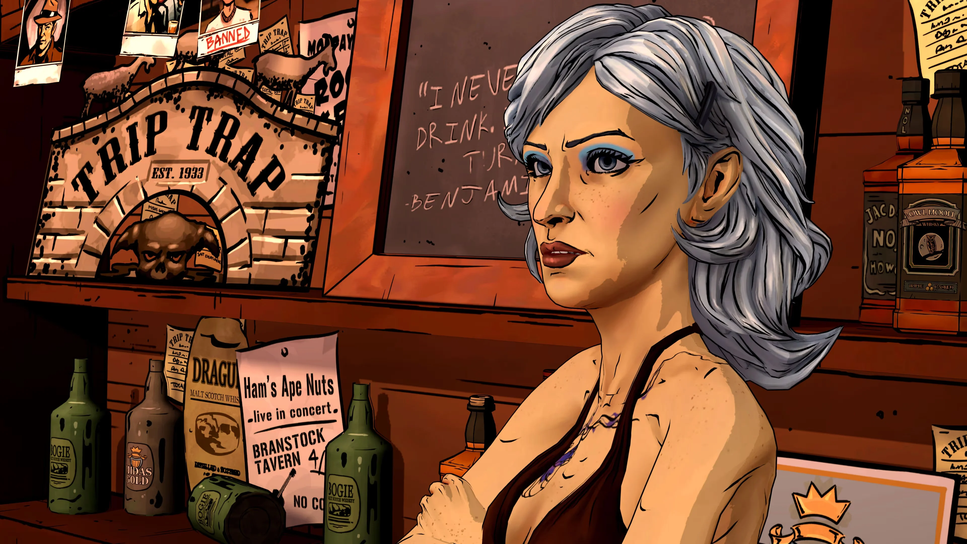 A silver-haired woman sits behind a bar in a warm, orange-lit room in The Wolf Among Us Remastered.