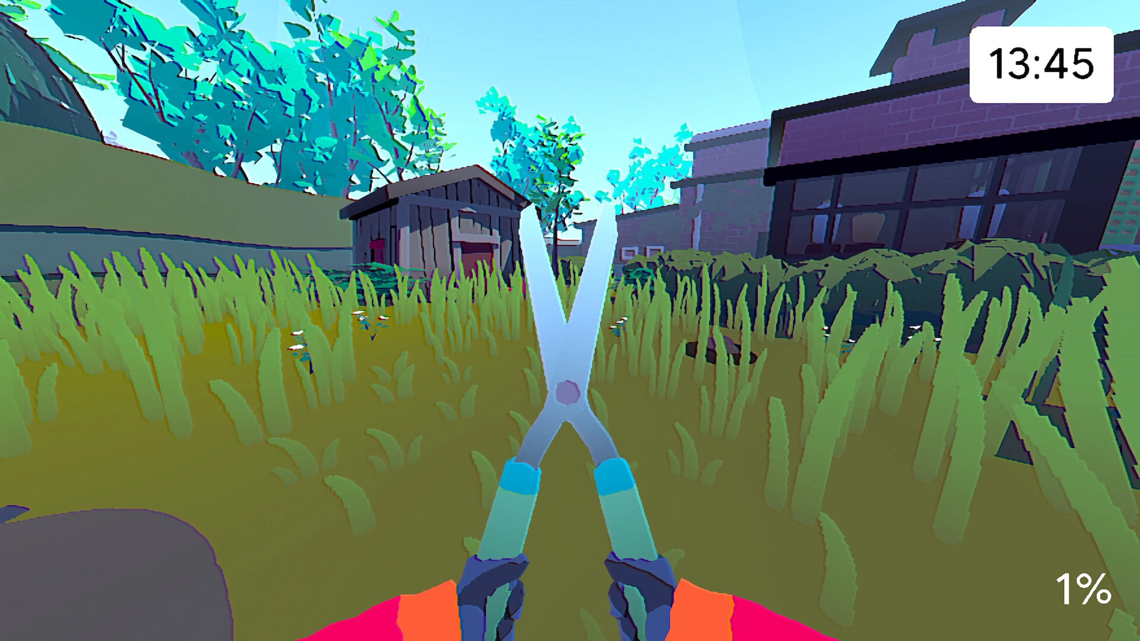 A player uses gardening shears on tall grass beside a shed in Grunn.