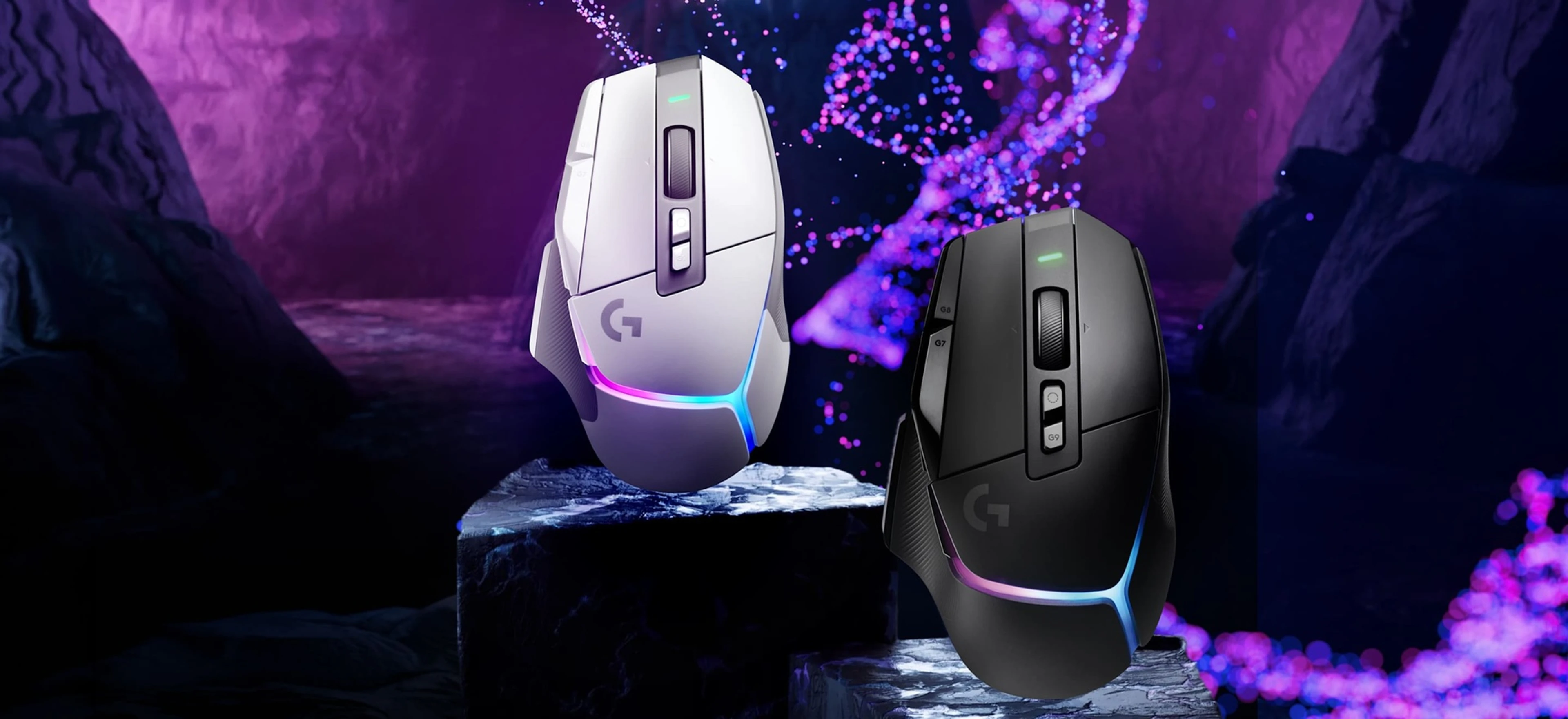 Black and white Logitech G502 X Plus mice in a purple-lit gaming setup