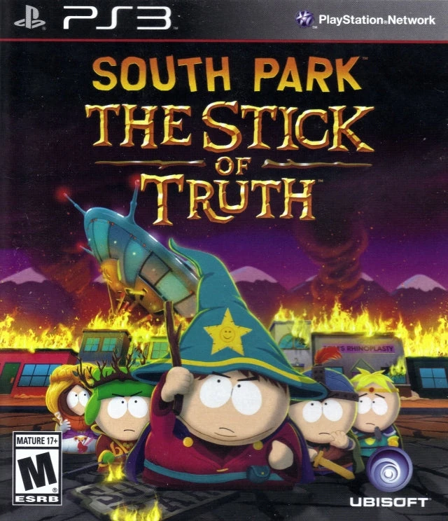 Official North American South Park: The Stick of Truth PlayStation 3 cover with the show characters, native game title, Ubisoft logo and ESRB M mark.