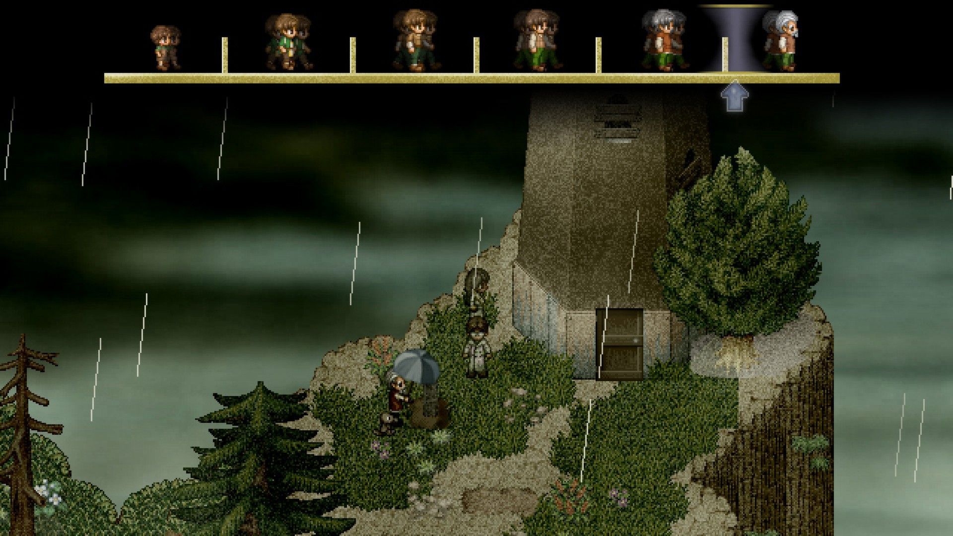 Rain around a lighthouse courtyard with memory portraits displayed at the top.
