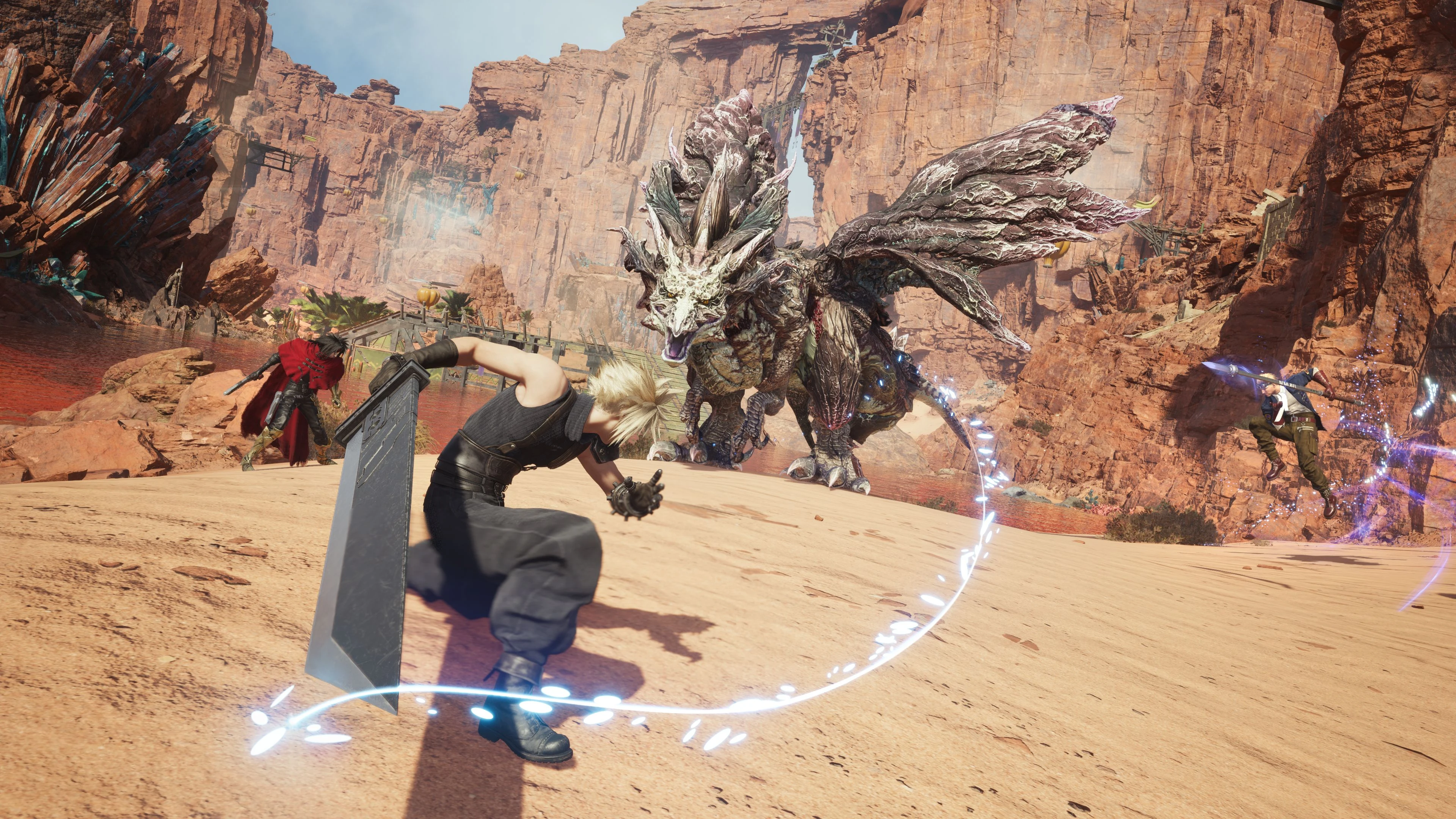 Cloud, Vincent, and Yuffie fight a three-headed creature in Final Fantasy VII Revelation.