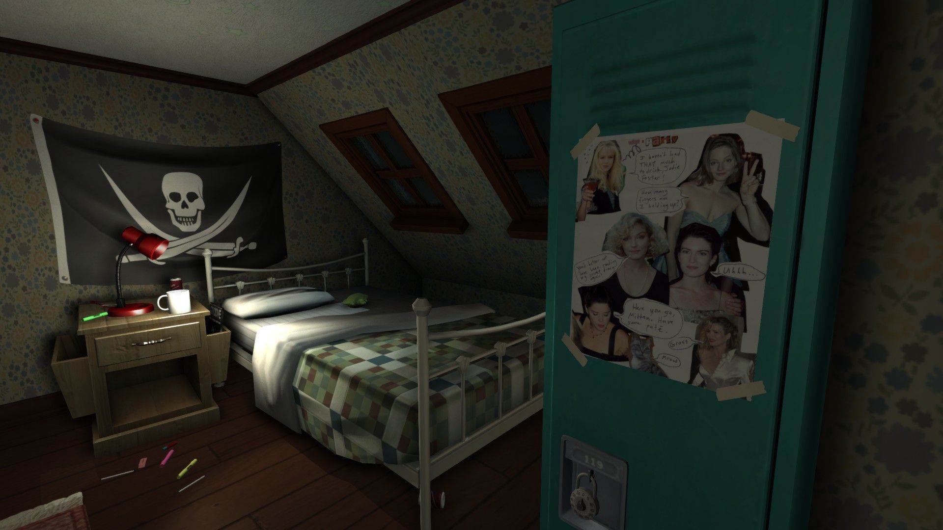 A teenage bedroom contains posters, a pirate flag and personal belongings.