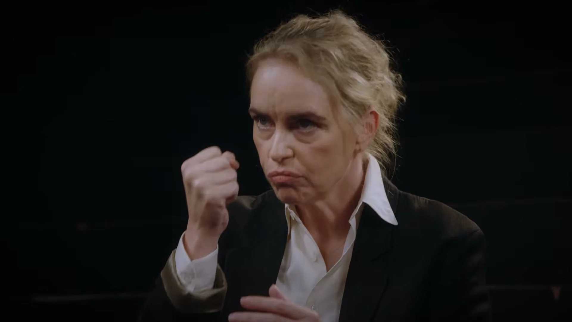Nina Hoss speaks during a National Theatre discussion for Electra/Persona.