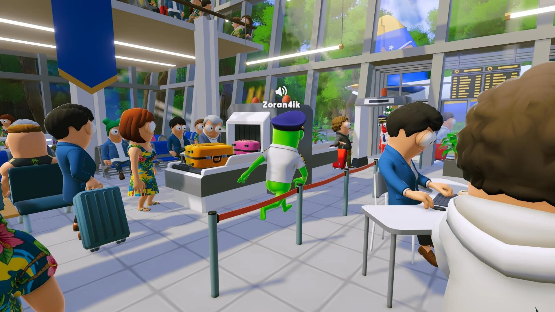 Crew and passengers crowd an airport security checkpoint with their baggage in Dear Passengers.