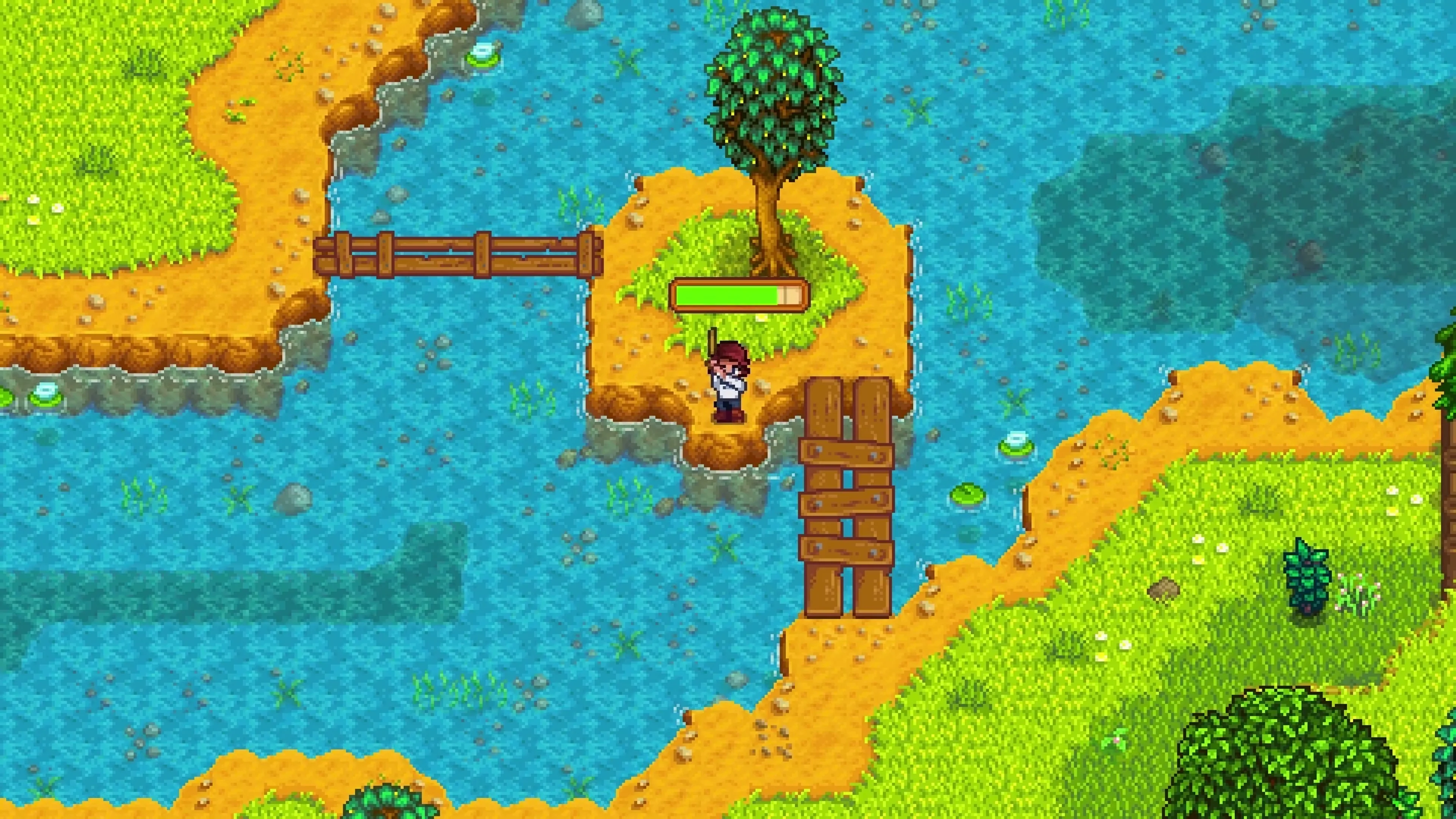 A farmer charging a cast from the small island in Stardew Valley’s mountain lake.