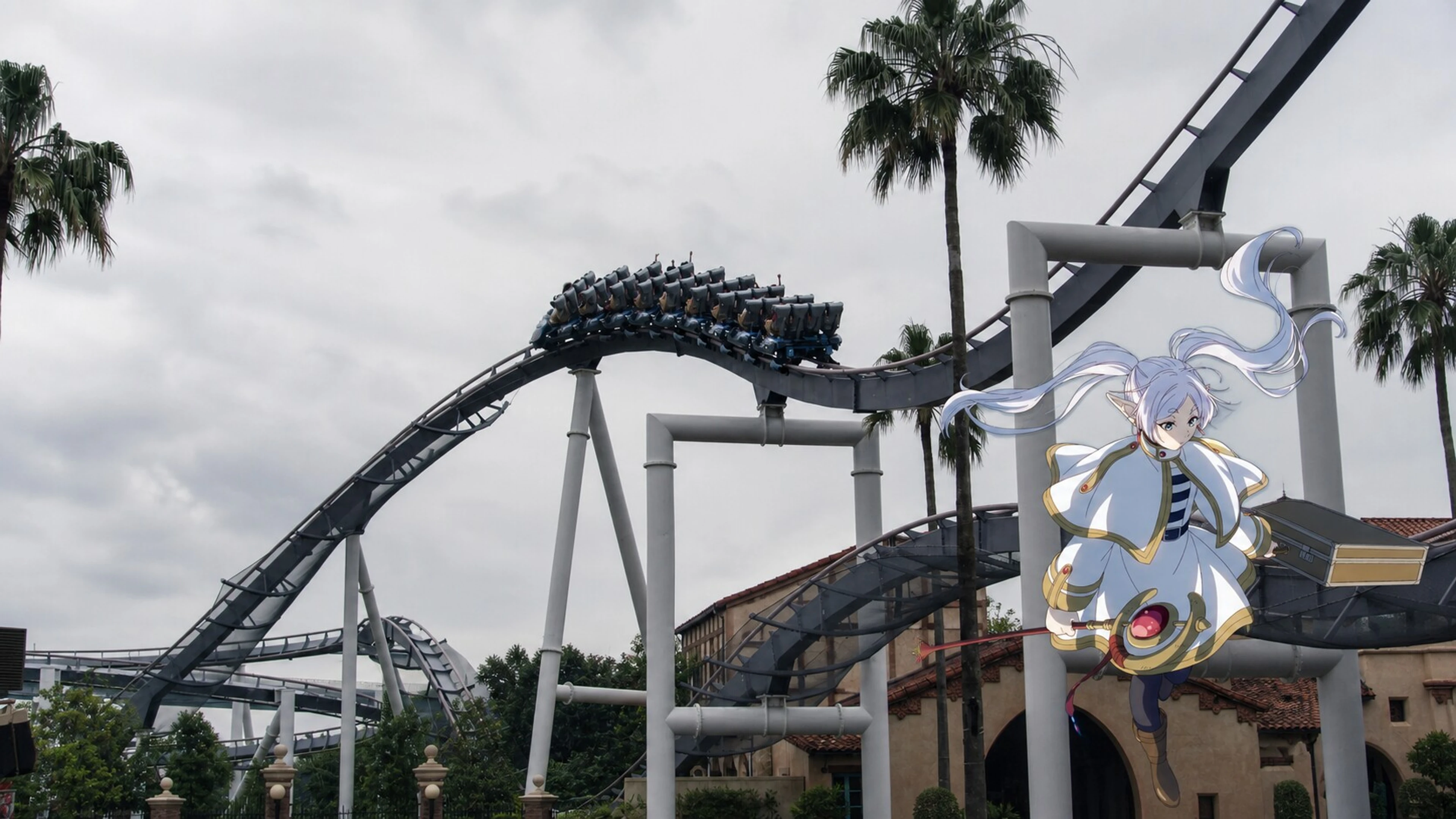 A Hollywood Dream roller coaster train at Universal Studios Japan appears beside an editorial image of Frieren.
