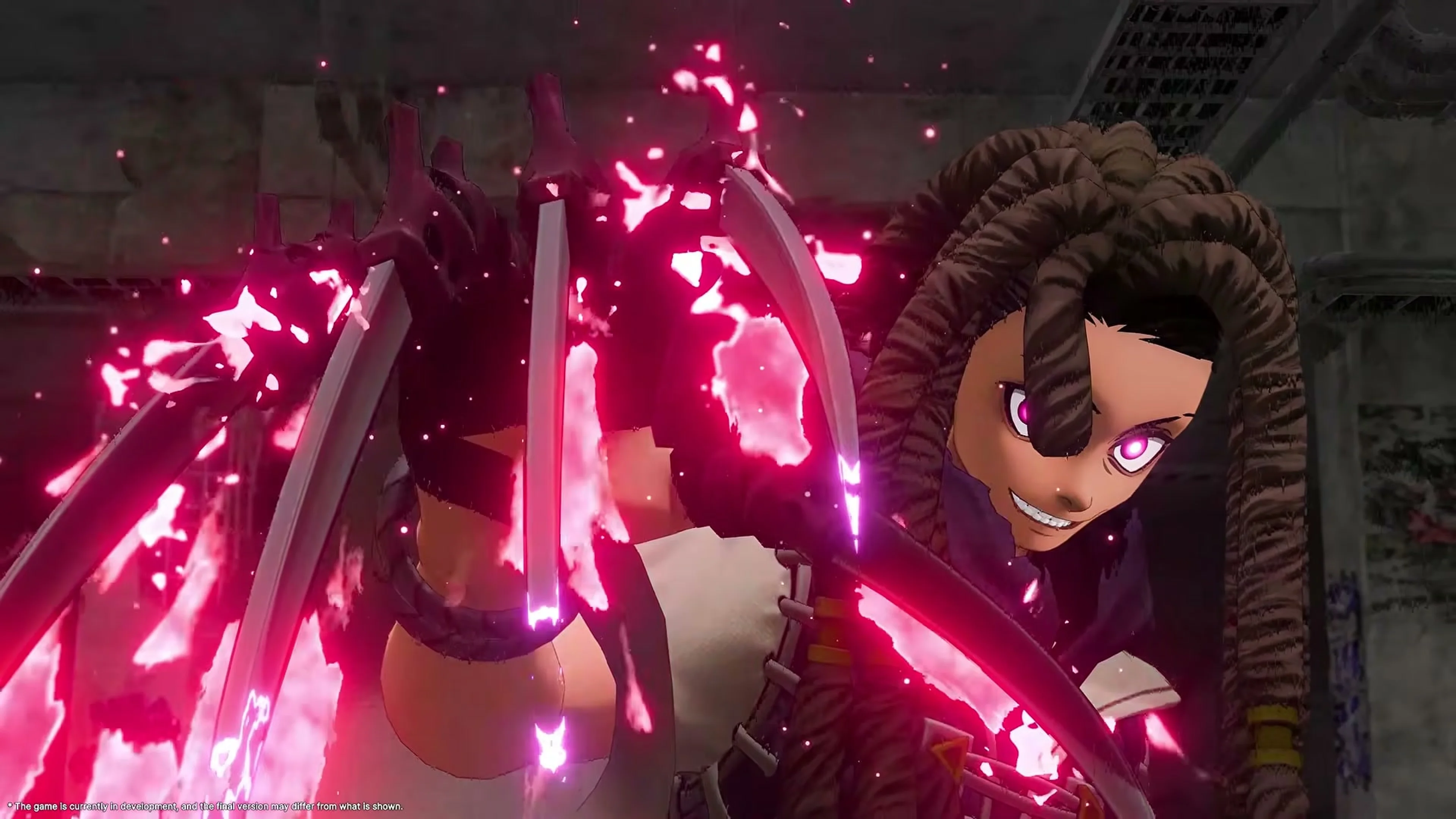 Jabber lunges forward with purple energy and bladed weapons during a fight.