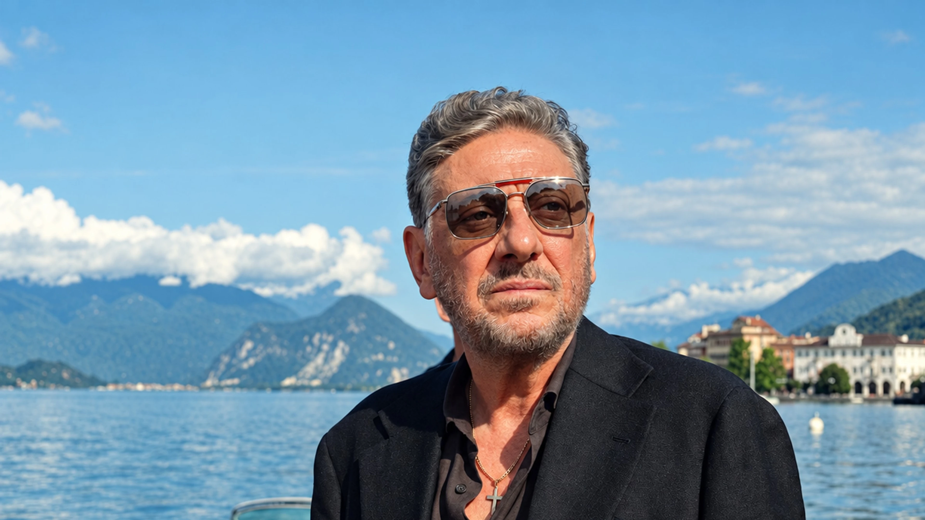 Sergio Castellitto as Marco Moretti beside a wooden boat on an Italian lake in The Gentlemen Season 2.