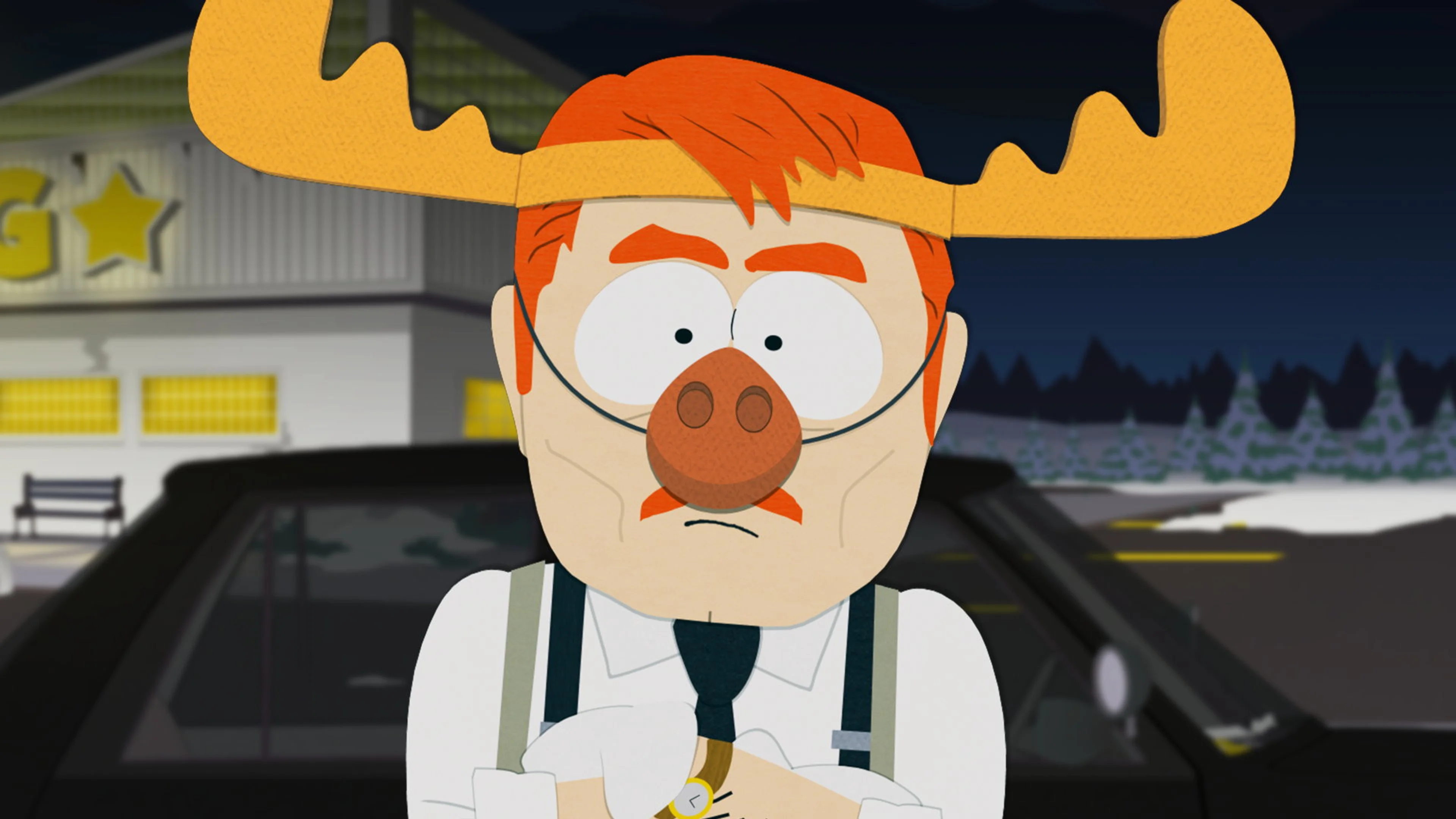 A red-haired character wears a moose hat in an official South Park Season 28 still.